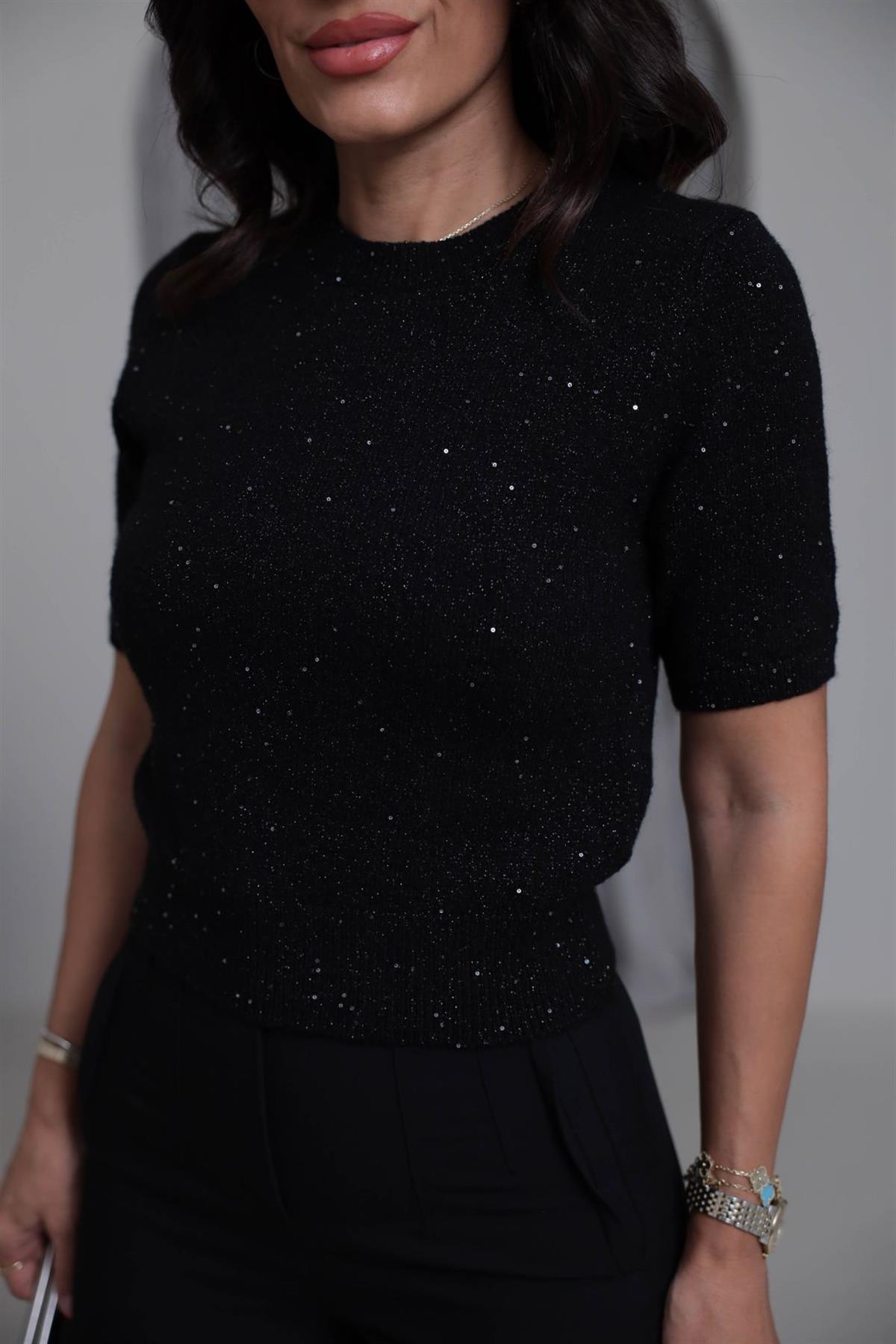 0703 Bisiklet Yaka Simli Pullu Triko SİYAH