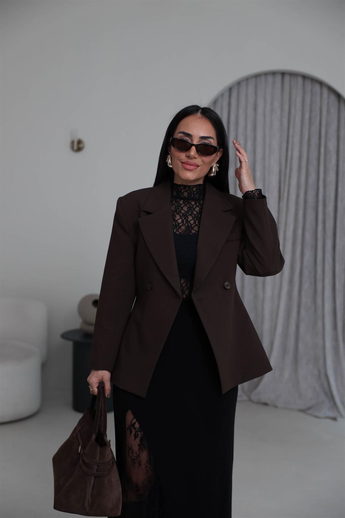 7685 Kruvaze Belden Oturtmalı Blazer Ceket KAHVE