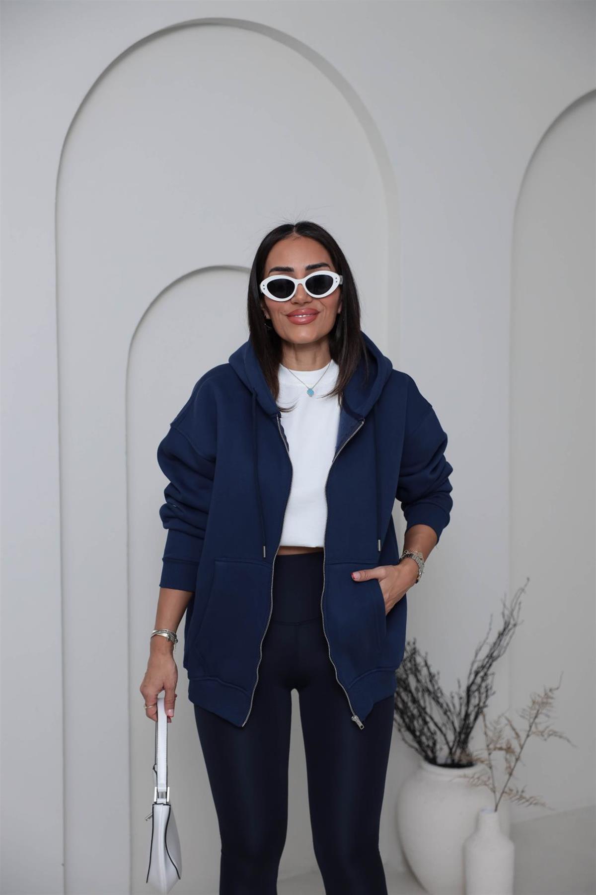 1003 3 İplik Şardonlu Kapşonlu Fermuarlı Ceket LACİVERT