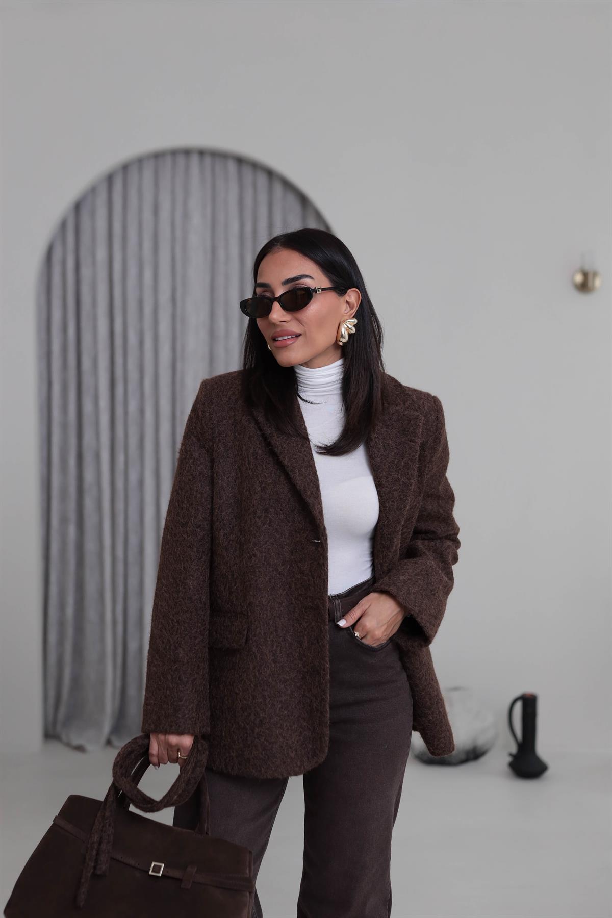 7368 Kuşak Detaylı Blazer Kaşe Ceket ACI KAHVE