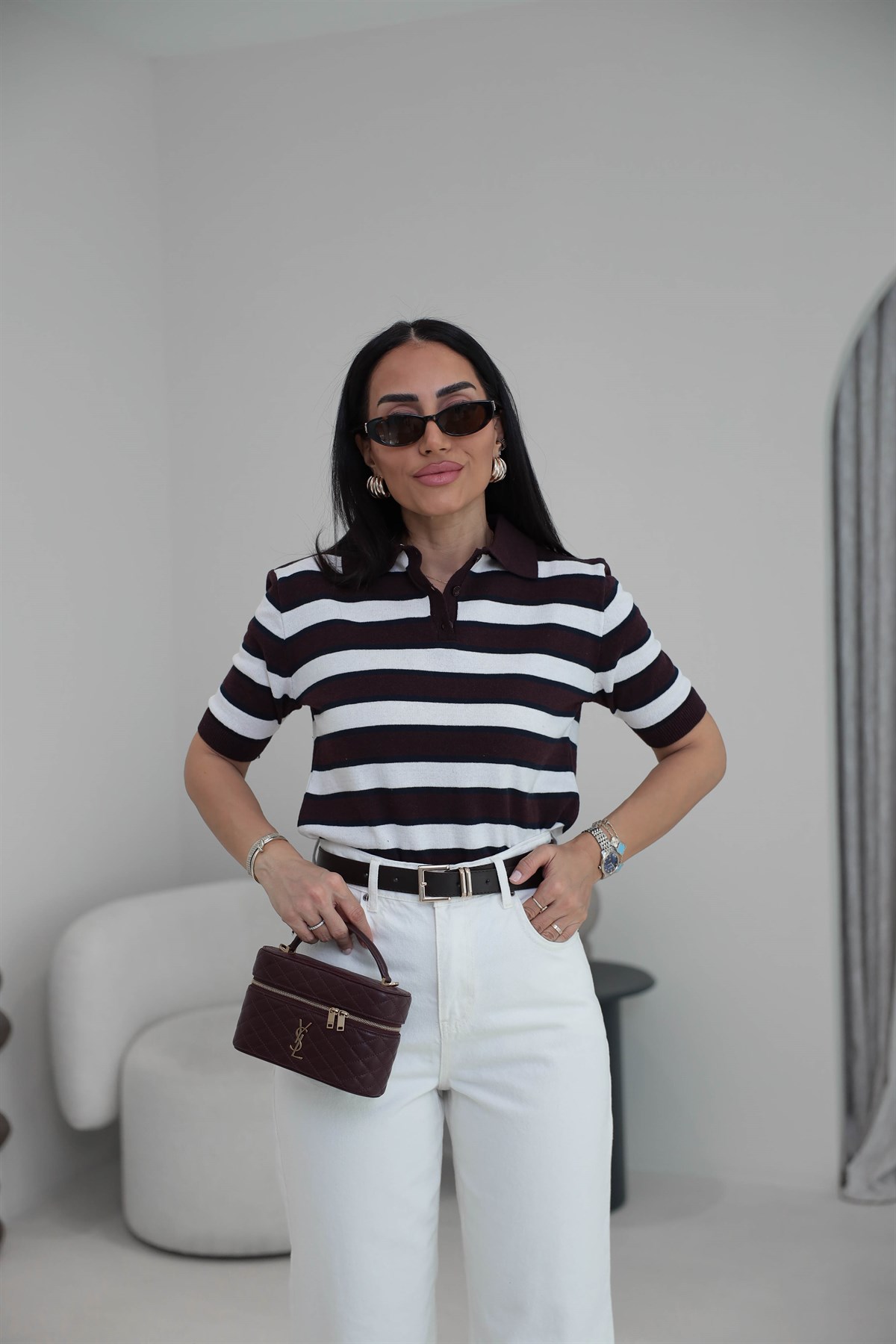 Polo Yaka Çizgili Massi Triko Bluz BORDO