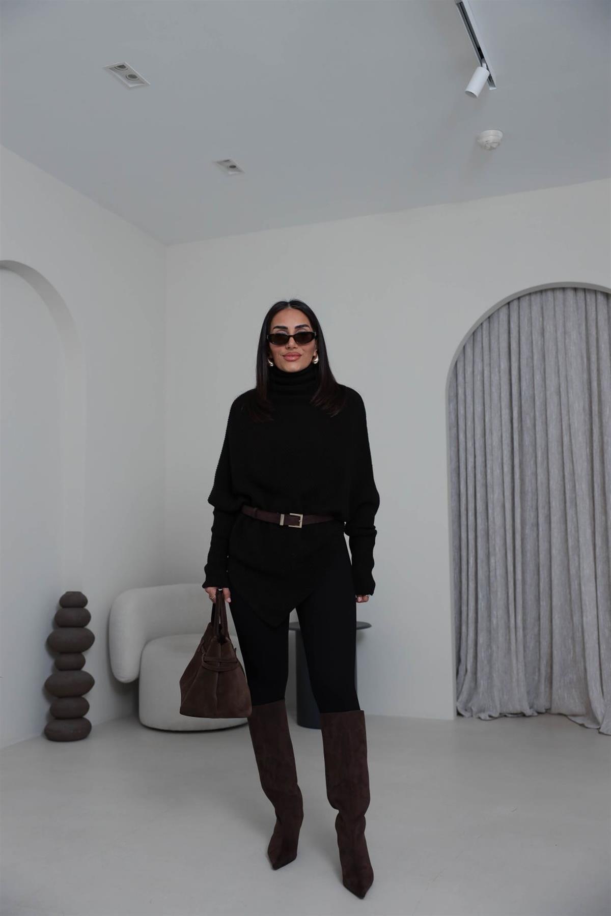 2574 Balıkçı Yaka Asimetrik Triko Kazak ACI KAHVE