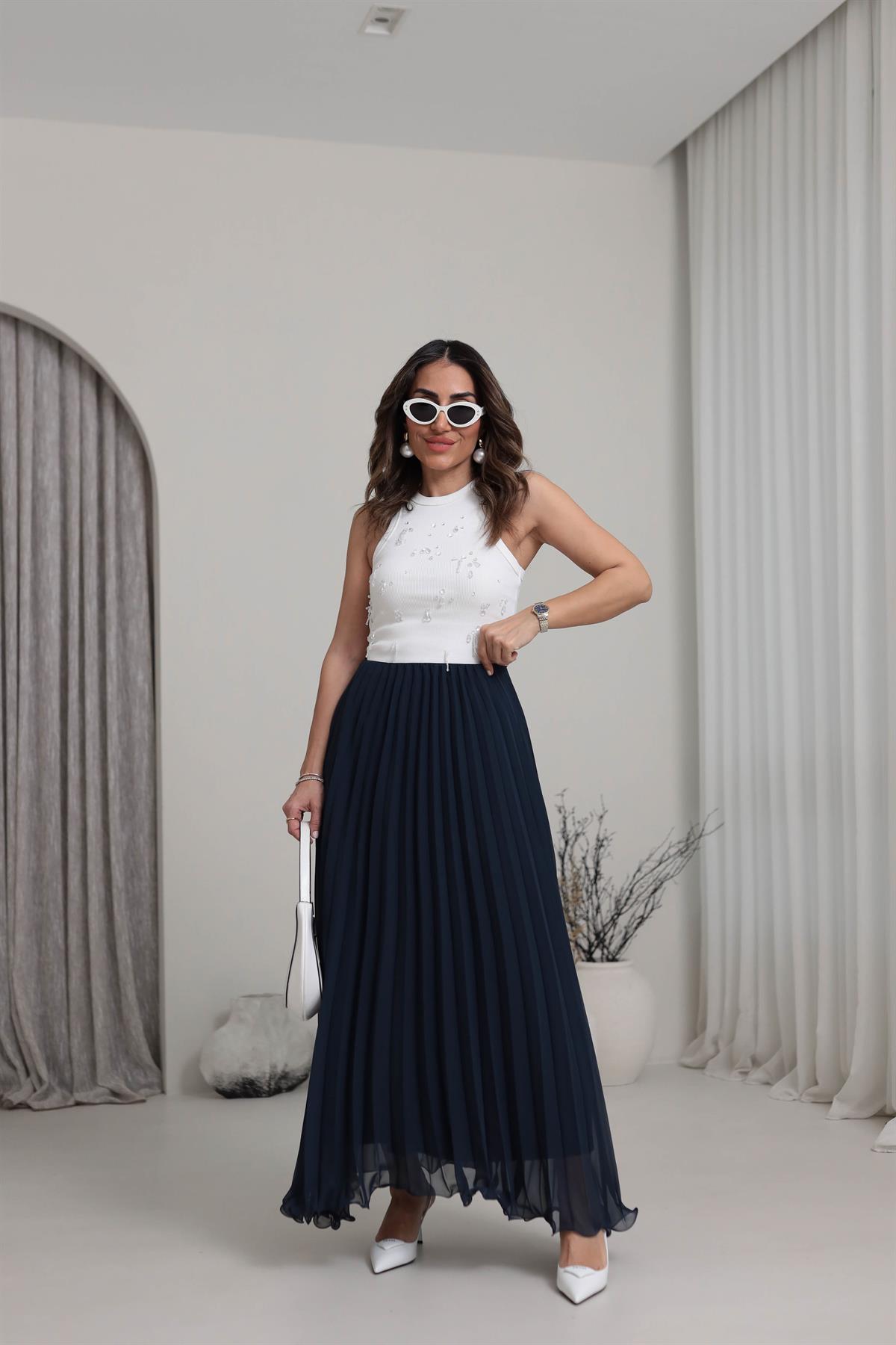 0287 Piliseli Şifon Maxi Etek LACİVERT