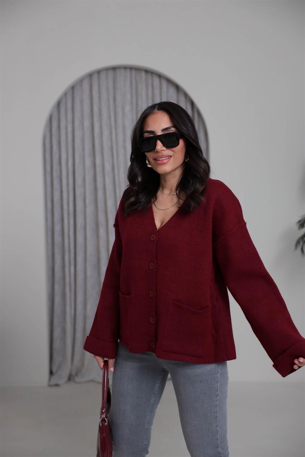 5231 Cepli Ters Dikiş Detaylı Hırka BORDO