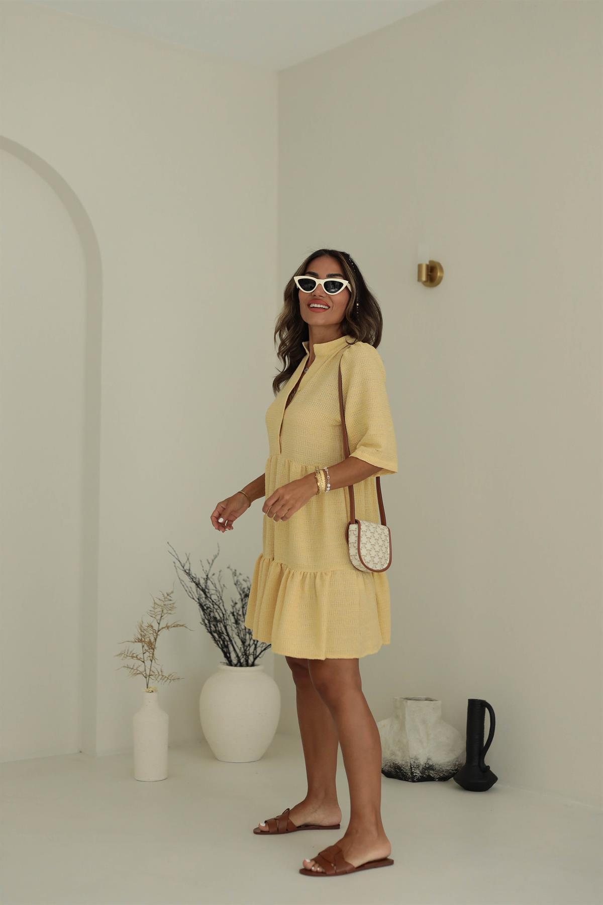 Hakim Yaka Düğme Detaylı Rahat Elbise