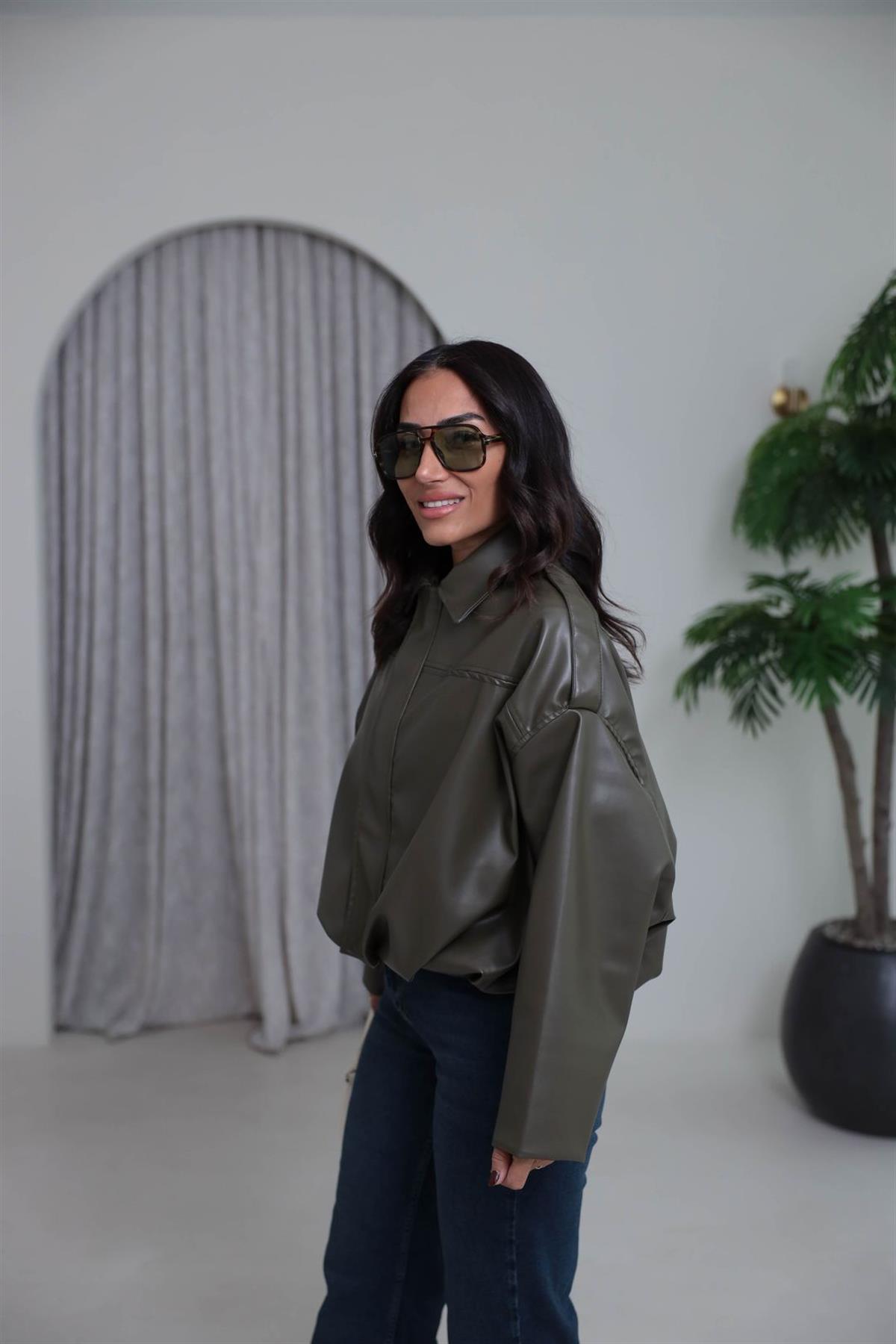 4221 Gömlek Yaka Suni Deri Bomber Ceket HAKİ YEŞİL