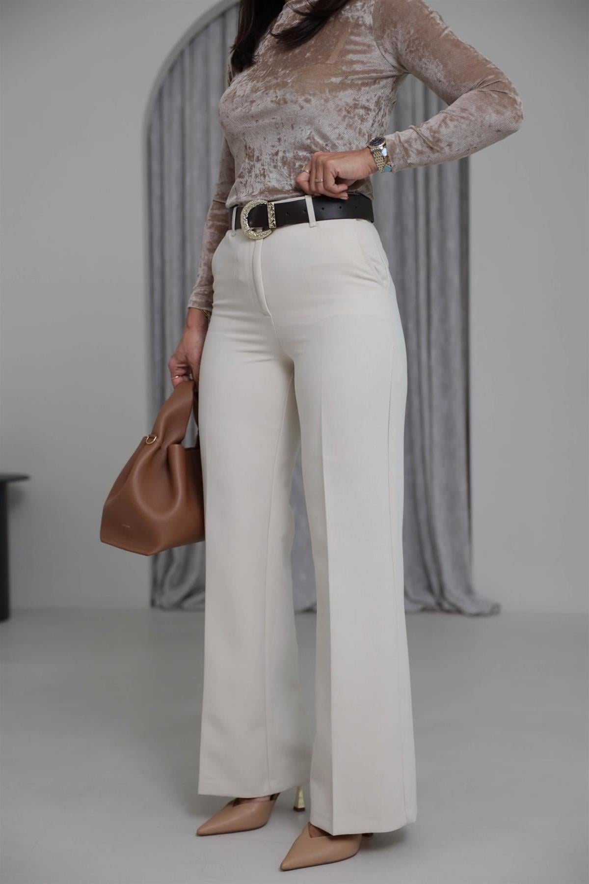 7038 Kemerli Palazzo Pantolon BEJ