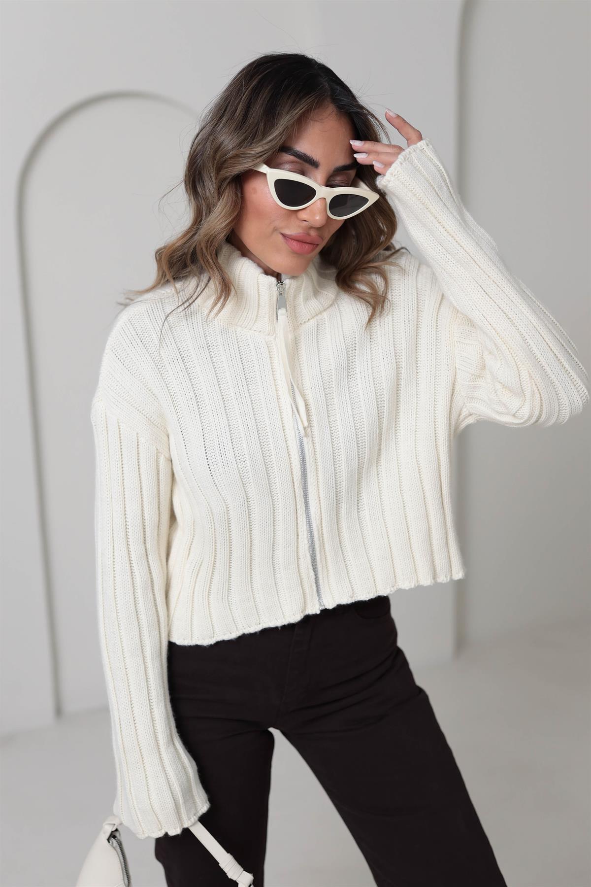 4370 Fitilli Ve Fermuarlı Hırka KREM