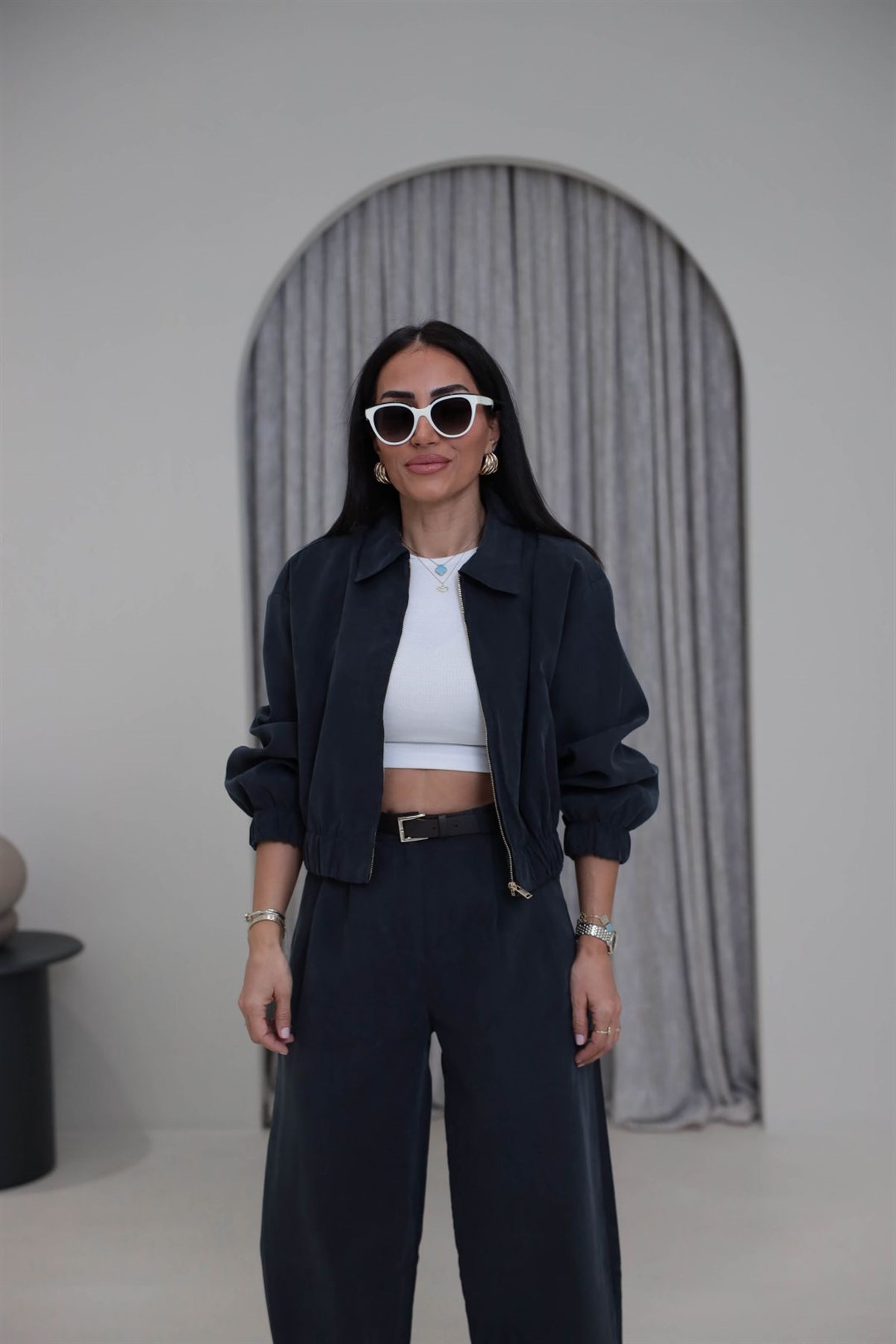 0735 Polo Yaka Bomber Ceketli Tencel Takım ANTRASİT