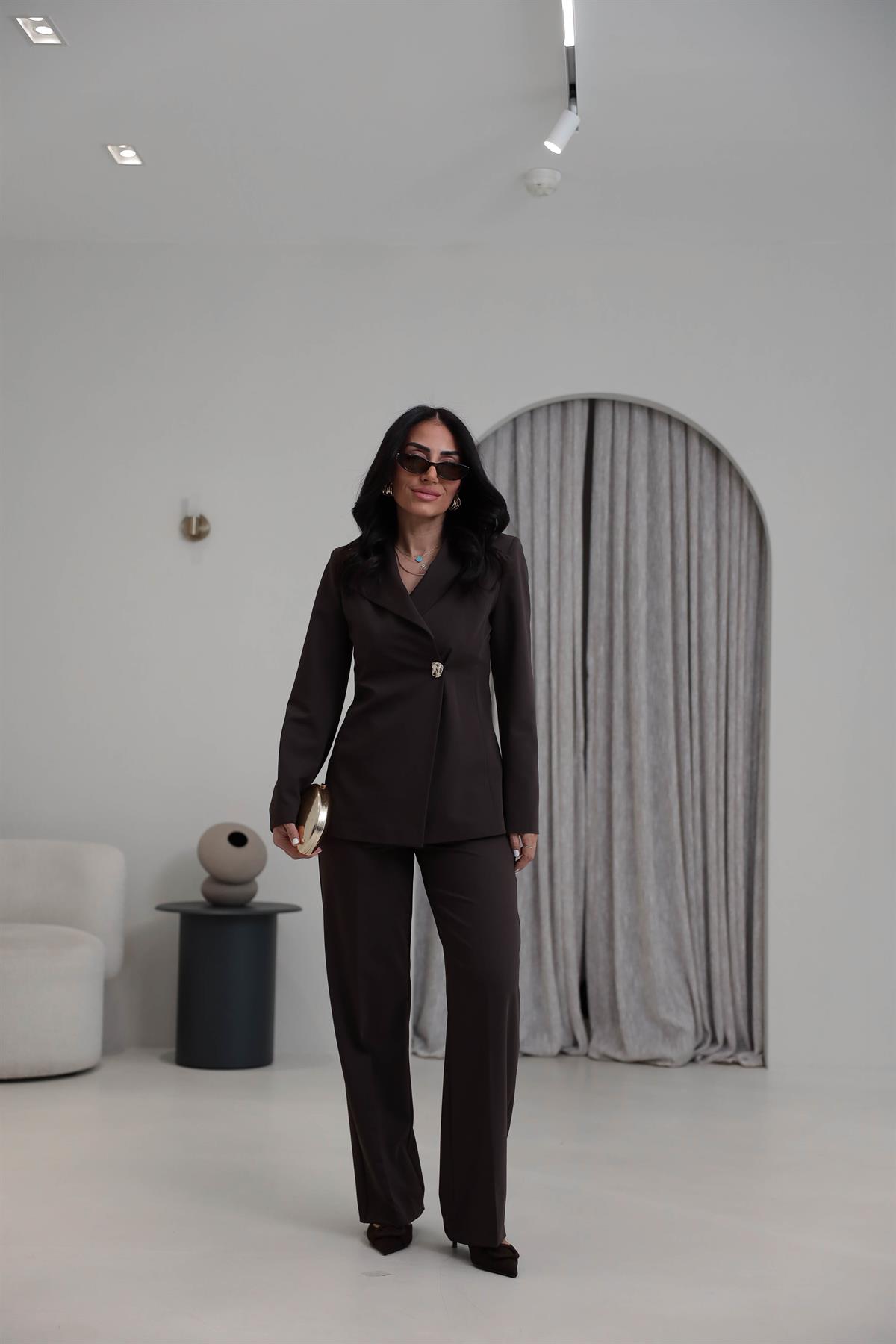 2041 Yaka Detaylı Gold Düğmeli Ceket Pantolon Takım ACI KAHVE