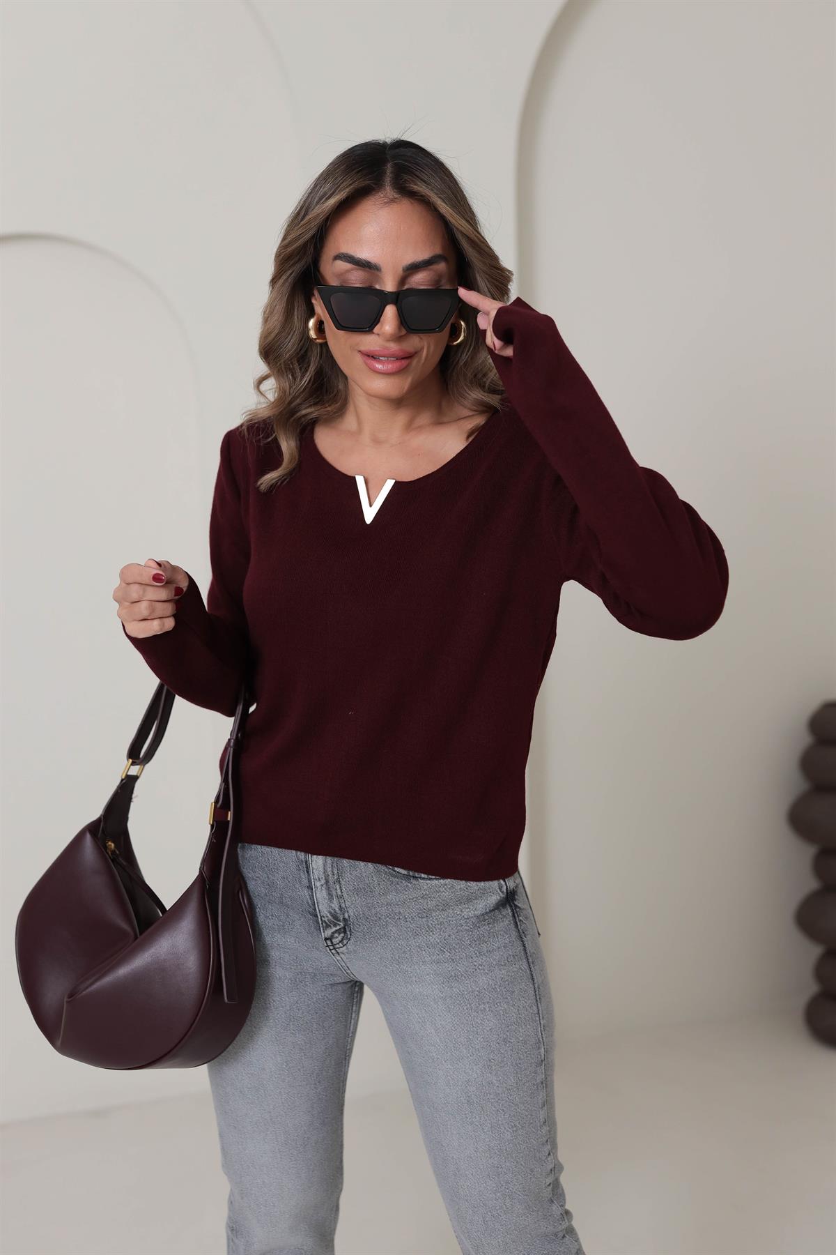 5832 V Gold Tokalı Yumuşak Triko BORDO
