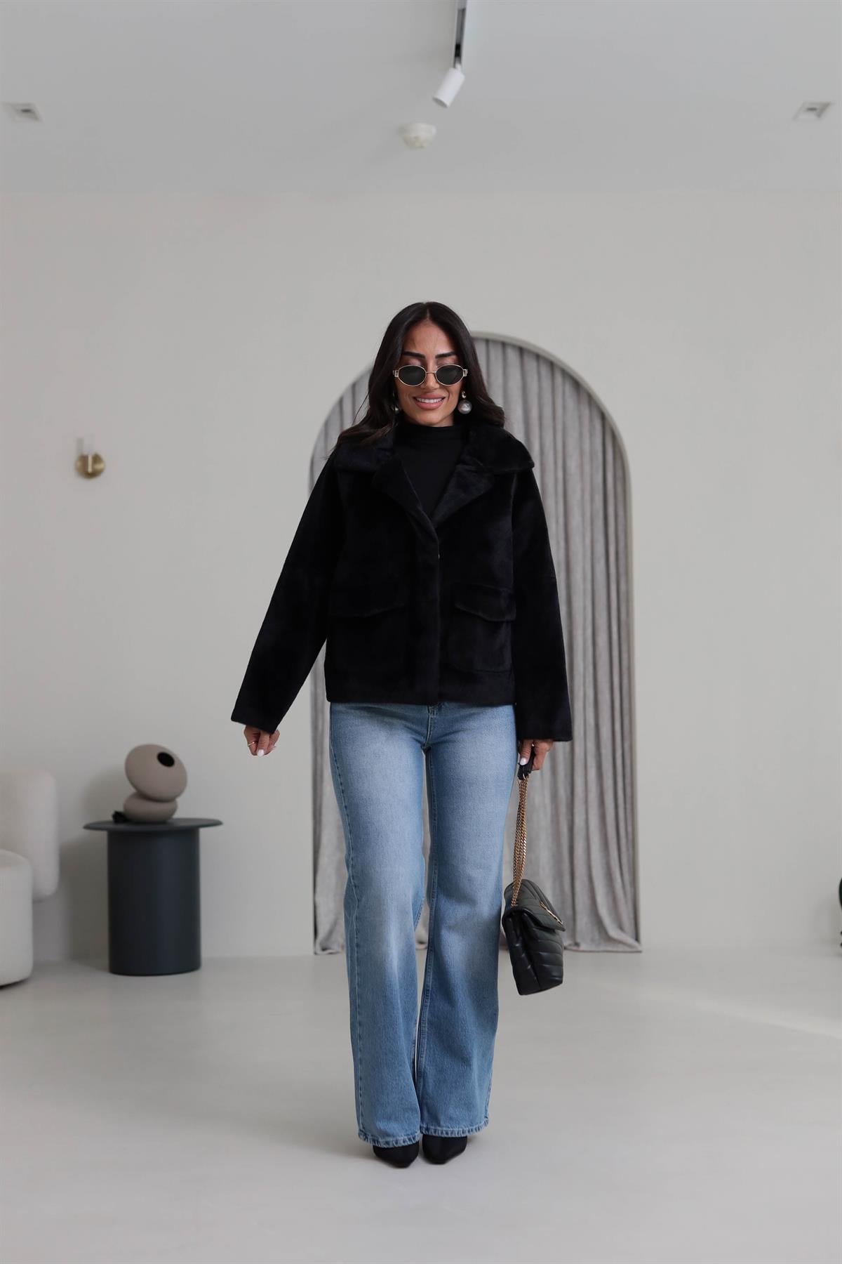 2731 Çıtçıtlı Cep Detaylı Alpaka Mont SİYAH