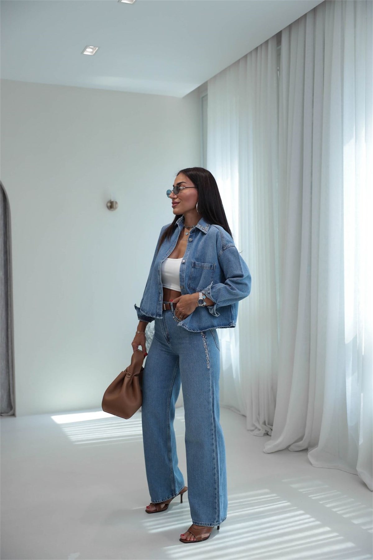 8405 Gömlek ve Pantolonu Taşlı Denim Takım MAVİ