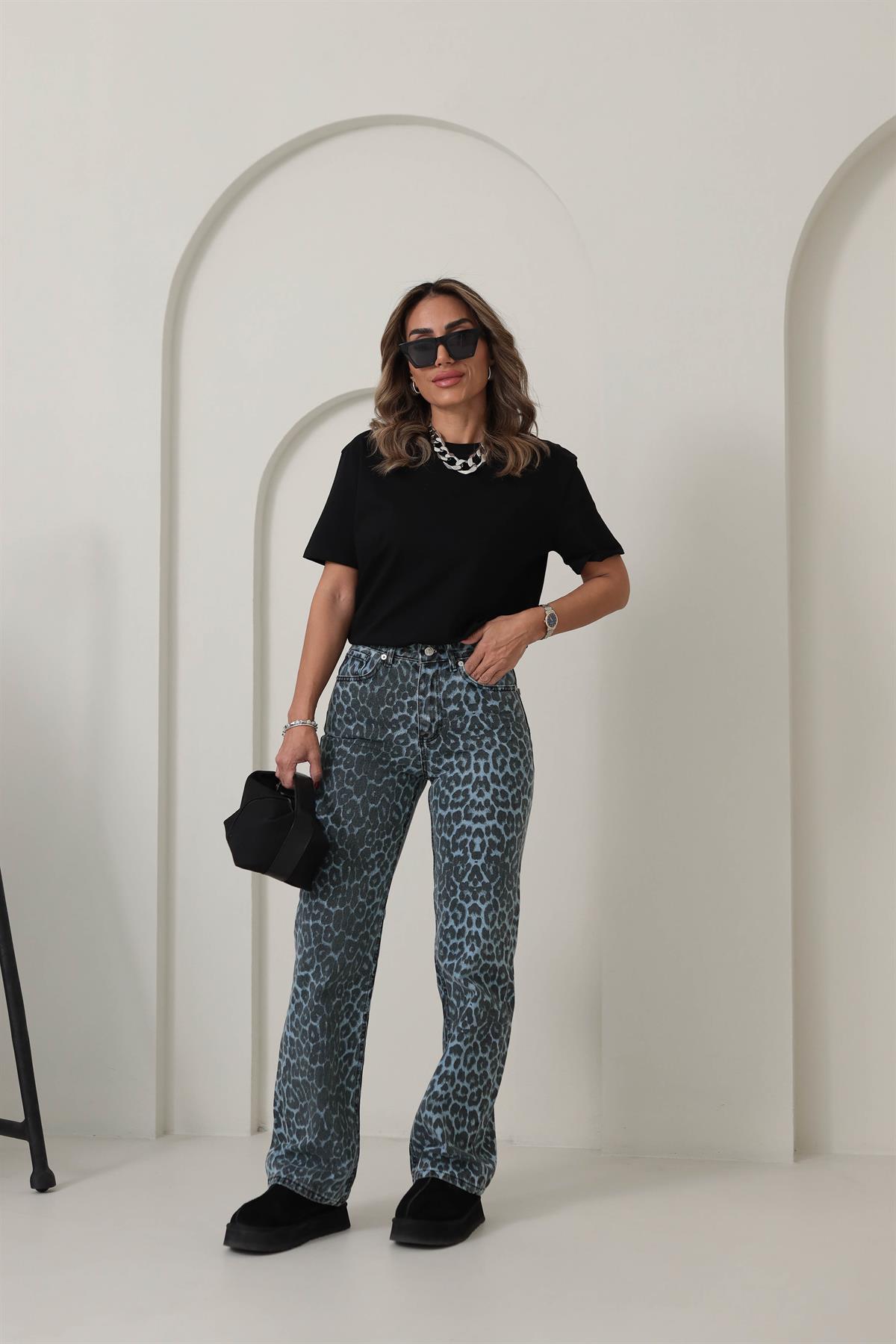 ZA Leopar Desenli Palazzo Pantolon LEOPAR MAVİ