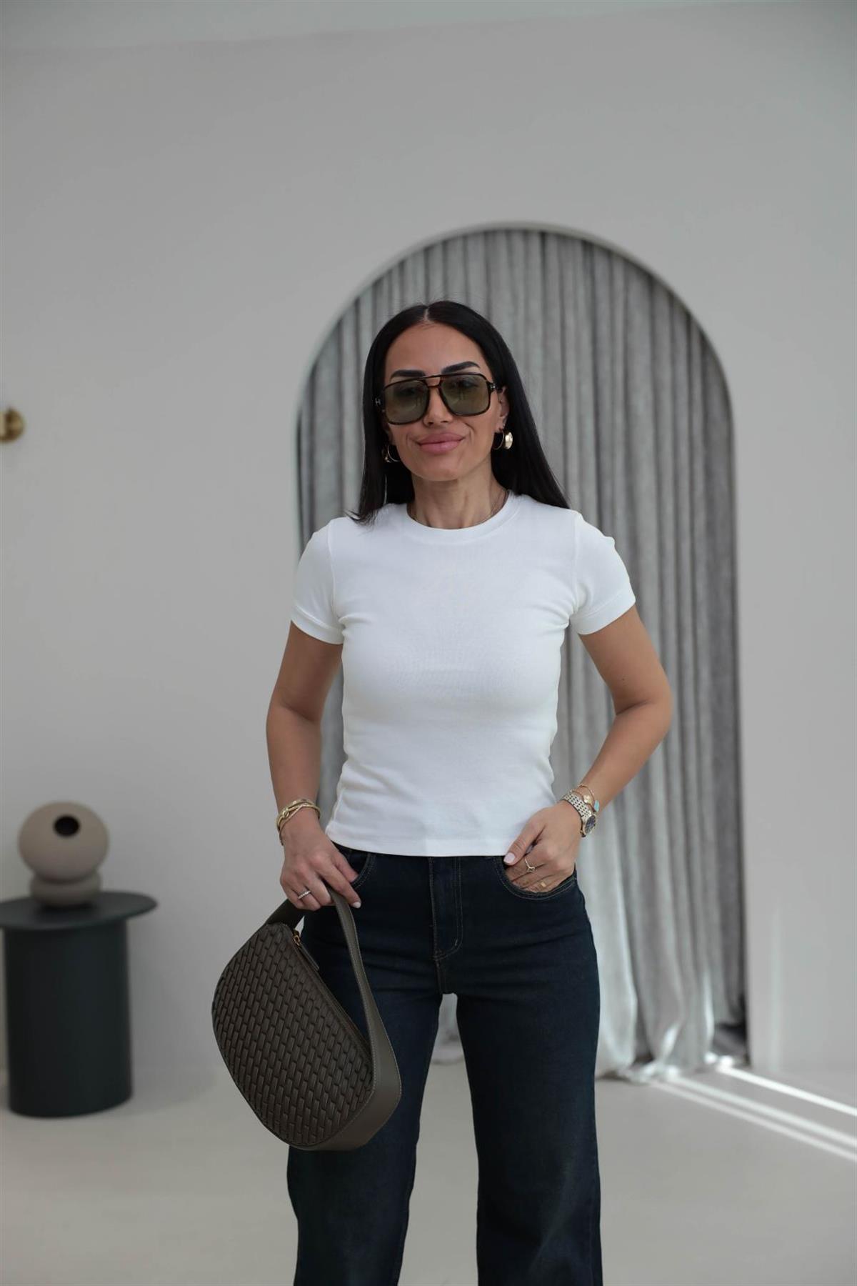 1591 Ribanalı Basic Pamuklu Tshirt EKRU