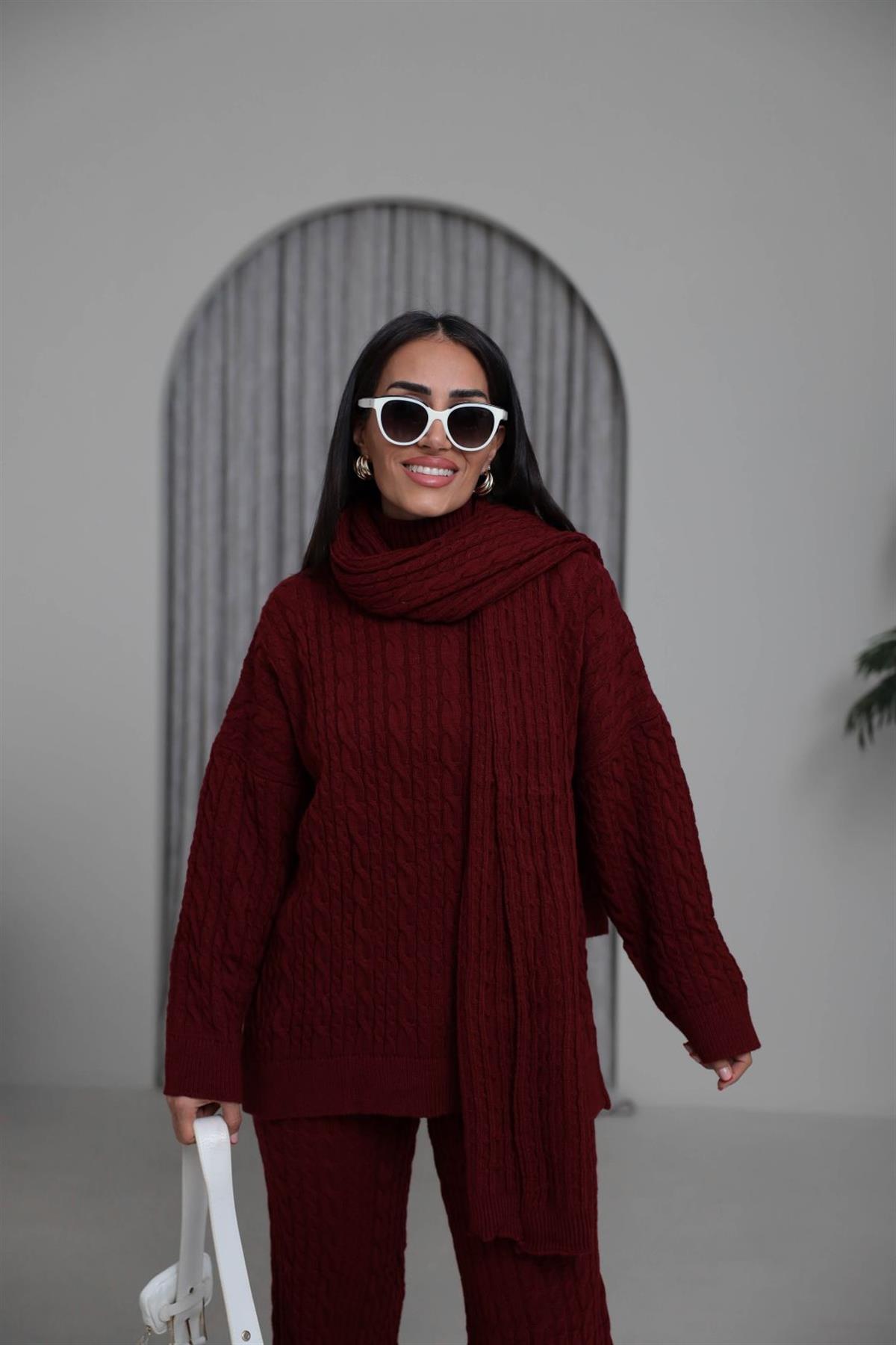 2464 Şal Detaylı Üçlü Triko Takım BORDO