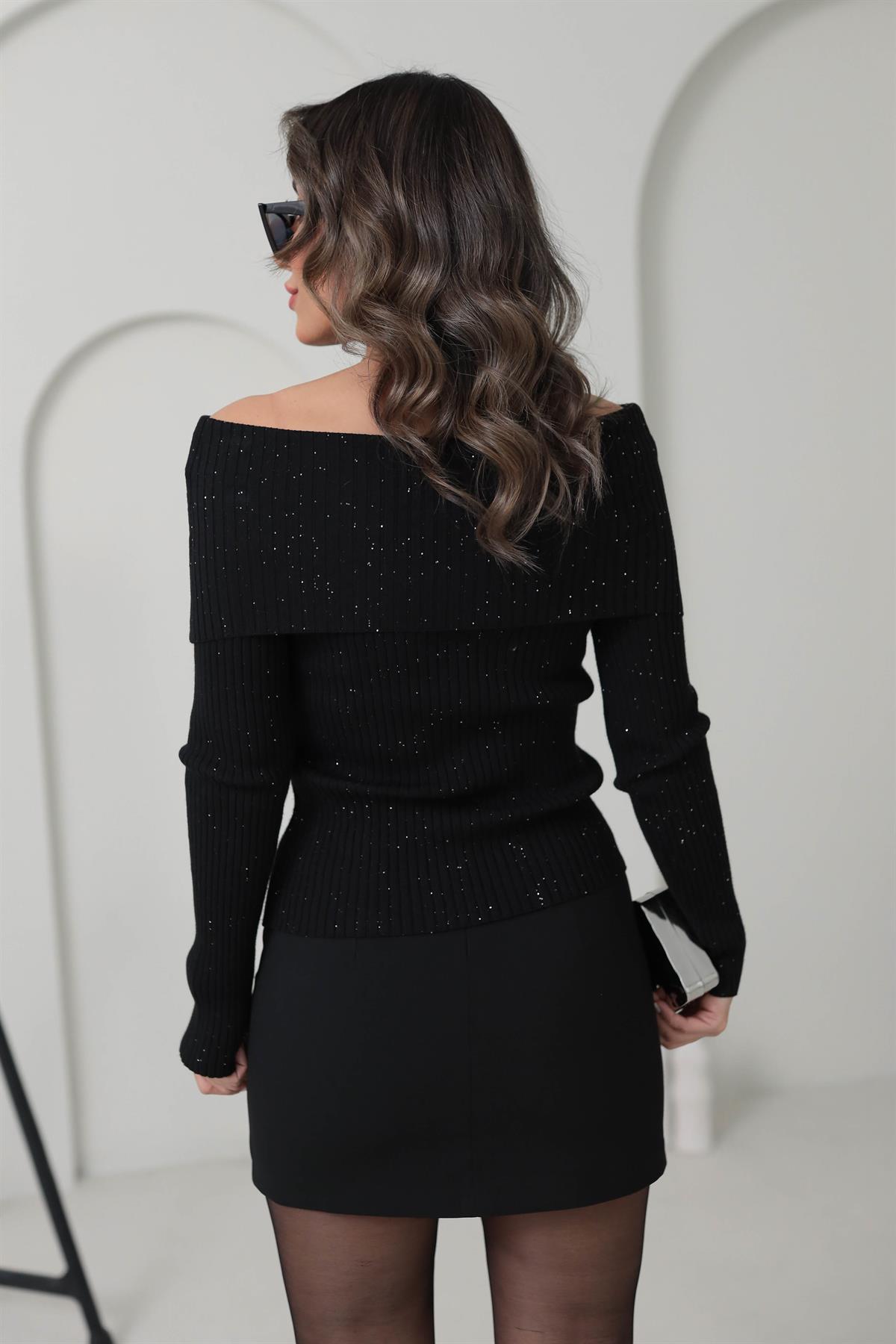 0705 Madona Yaka Fitilli Triko Kazak SİYAH