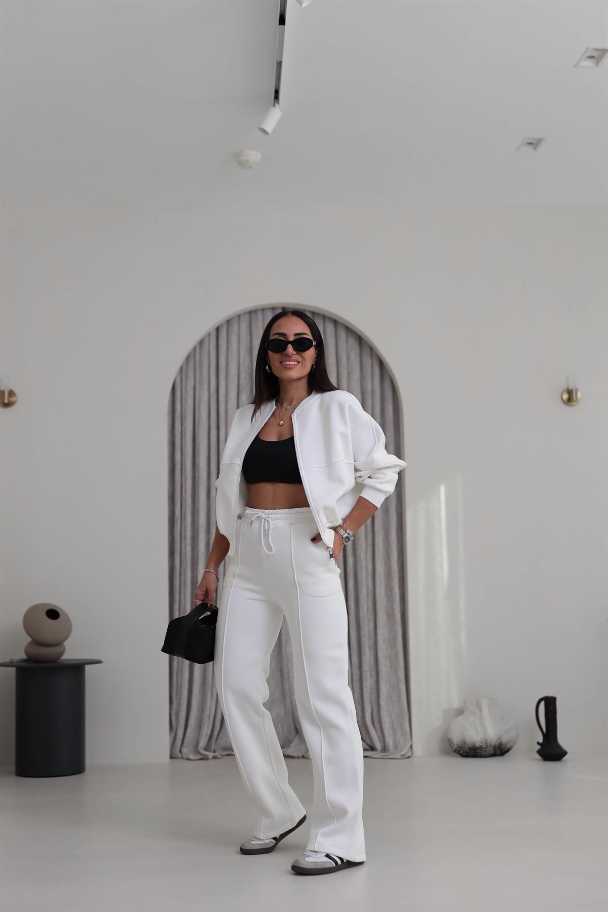 7085 Viral Bomber Ceketli 3 İplik Şardonlu Takım EKRU