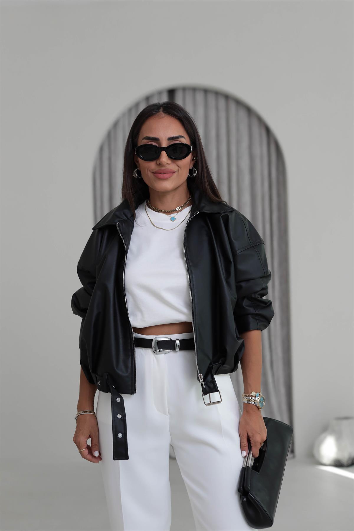 3137 Kemer Detaylı Fermuarlı Deri Ceket SİYAH