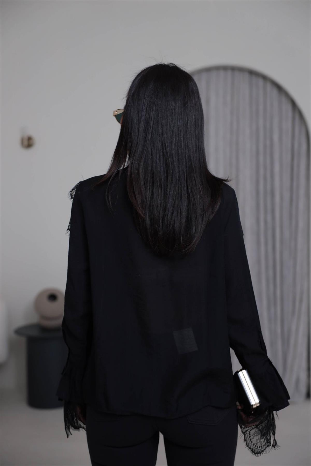 4512 Güpür Detaylı Önden Bağlamalı Gömlek SİYAH