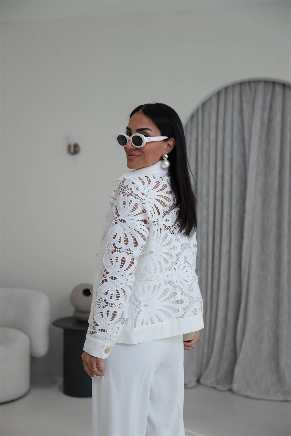 7201 Gold Düğmeli Poplin Garnili Dantelli Ceket EKRU