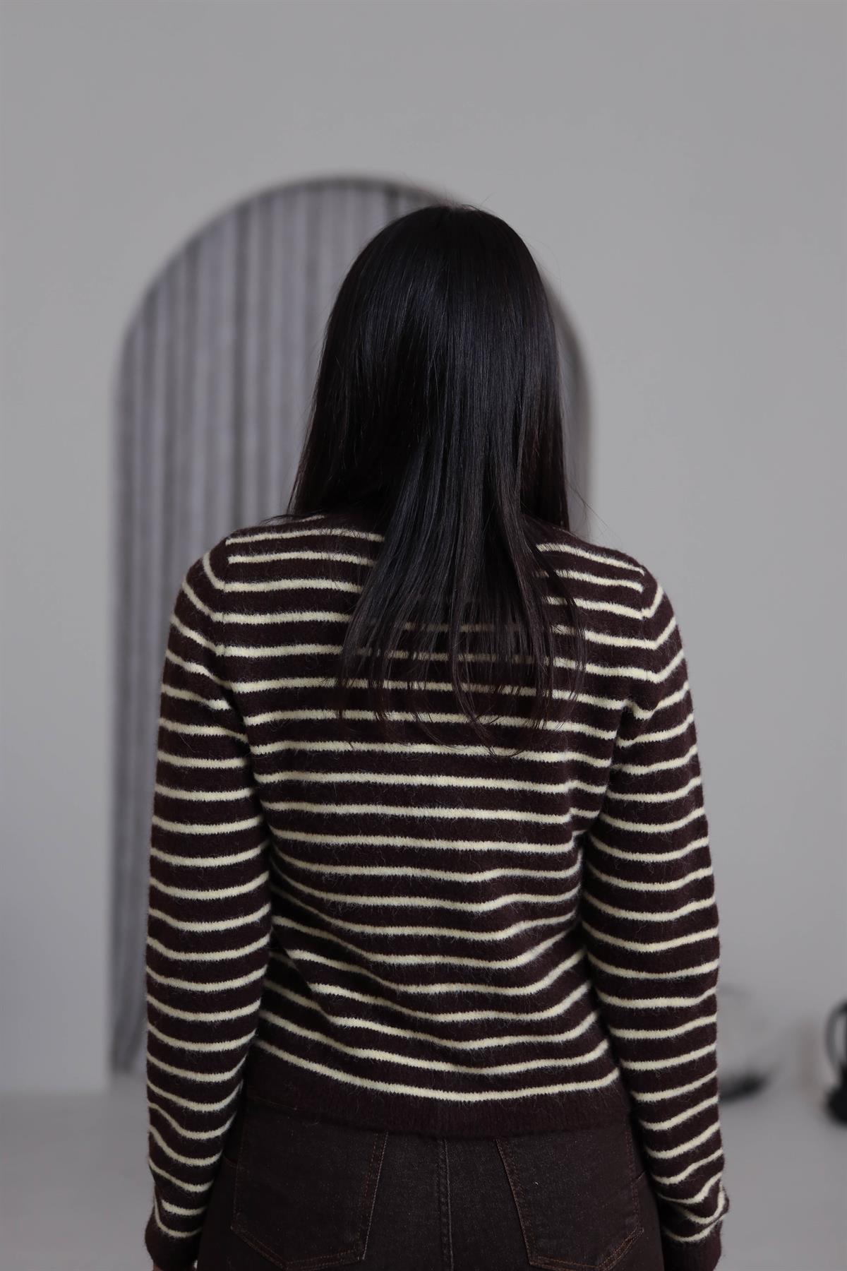 4870 Çizgili Şardonlu Bisiklet Yaka Hırka KAHVE