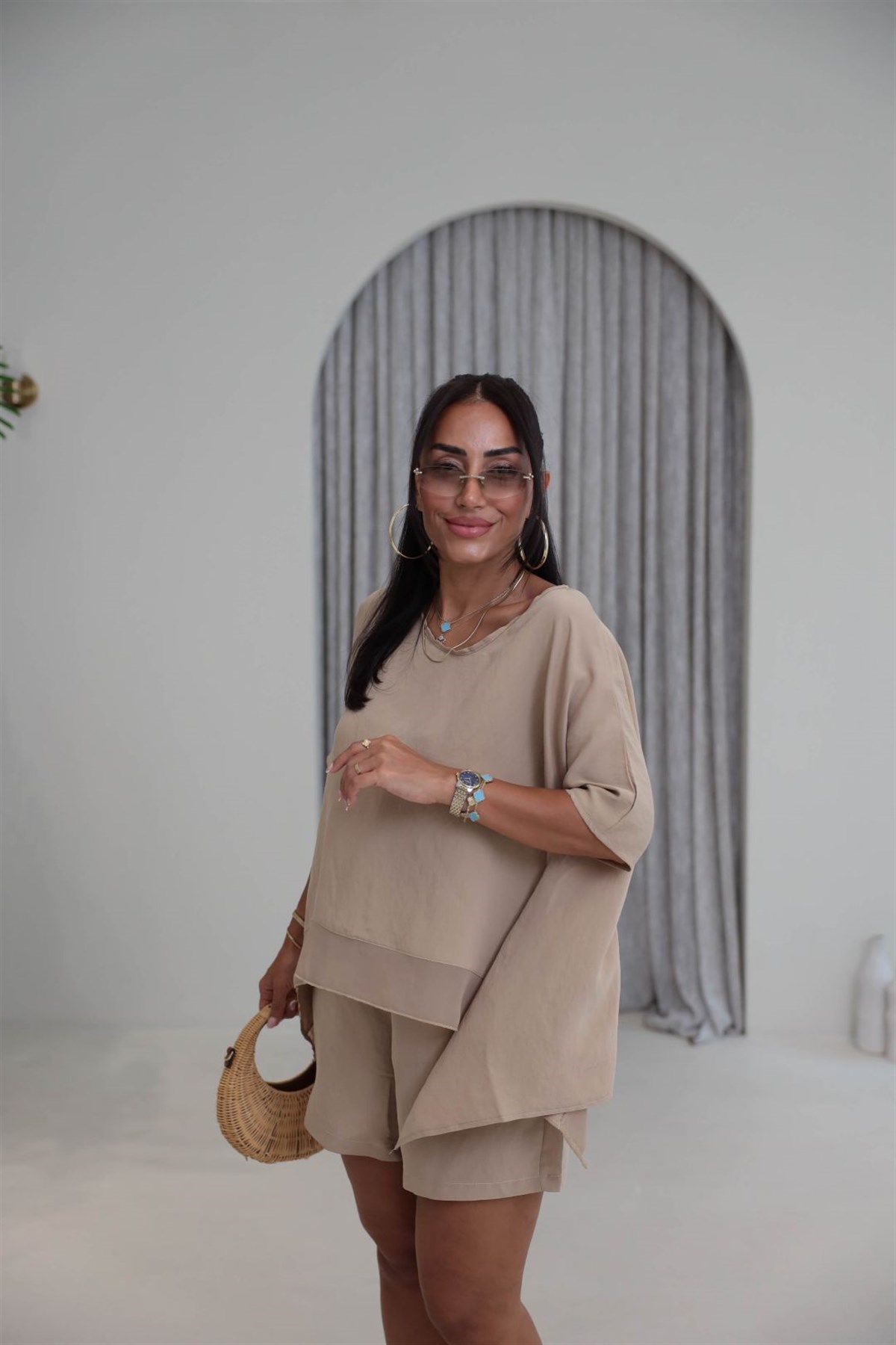 0548 Şortlu Tencel Kumaş Takım KOYU BEJ