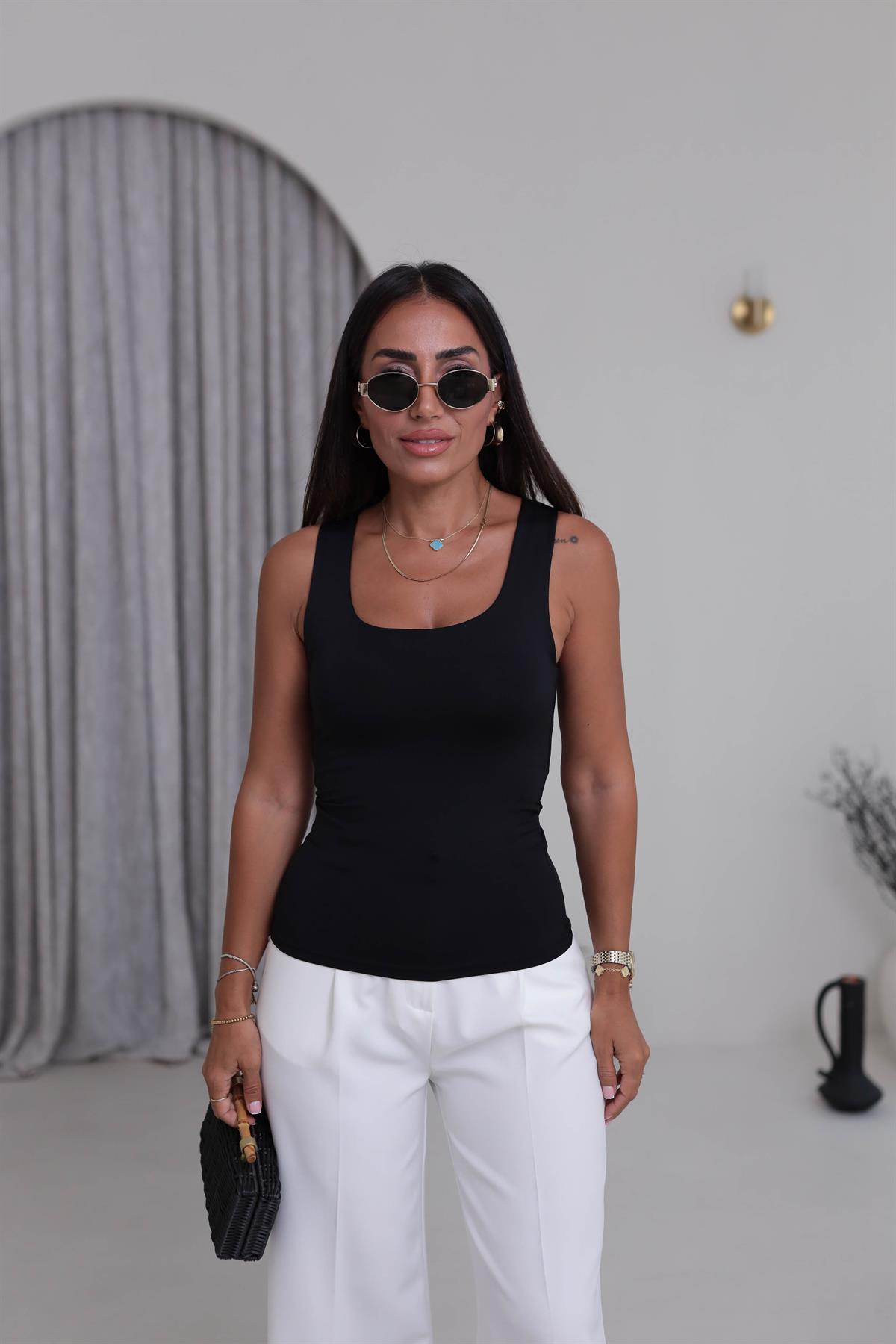 015 Kalın Askılı Çift Kat Poliamid Atlet SİYAH