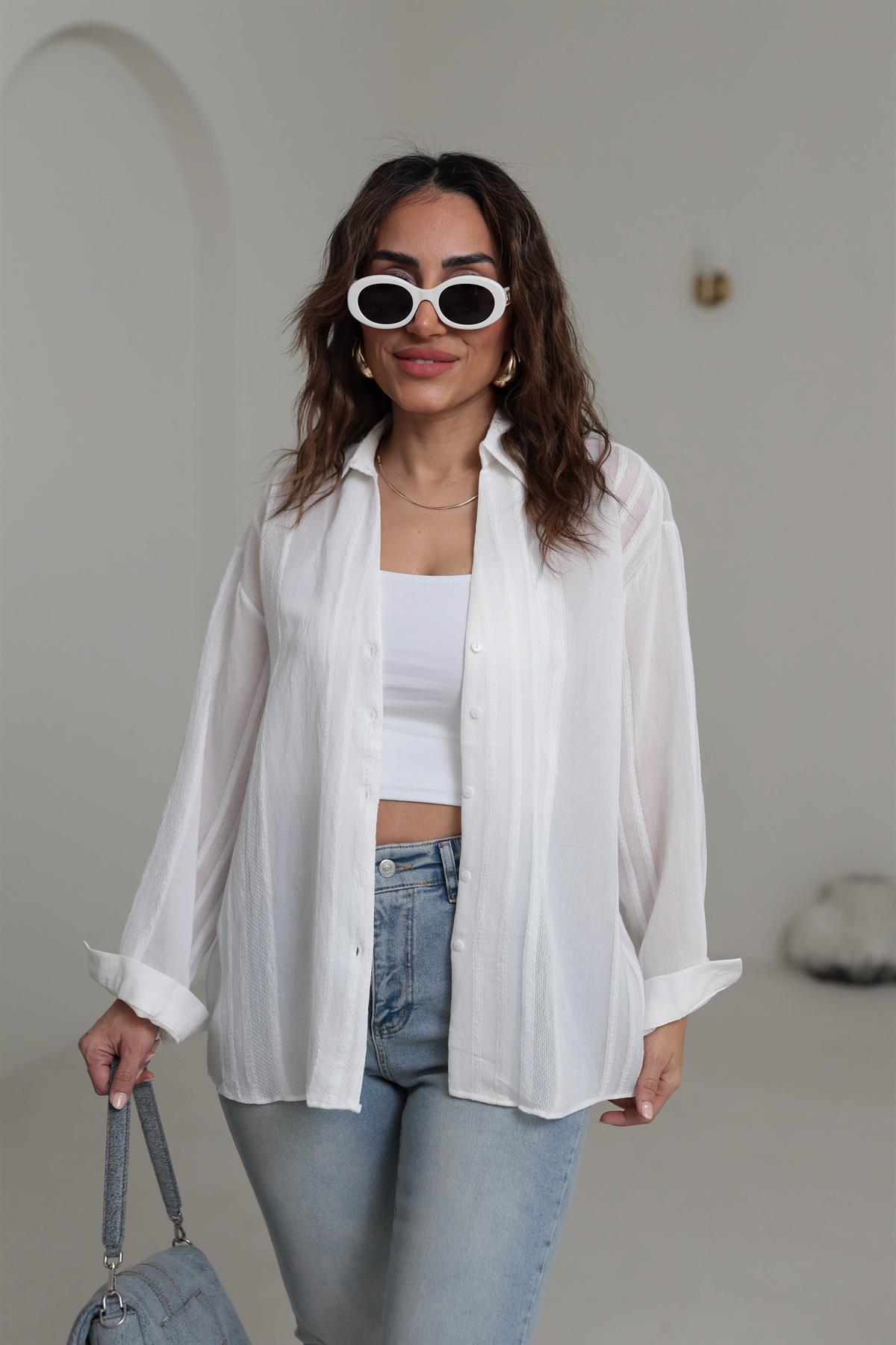4914 Transparan Detaylı Oversize Gömlek BEYAZ