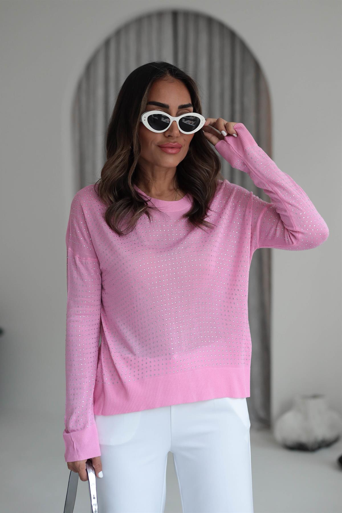 7010 Taşlı Merserize Triko Bluz PEMBE