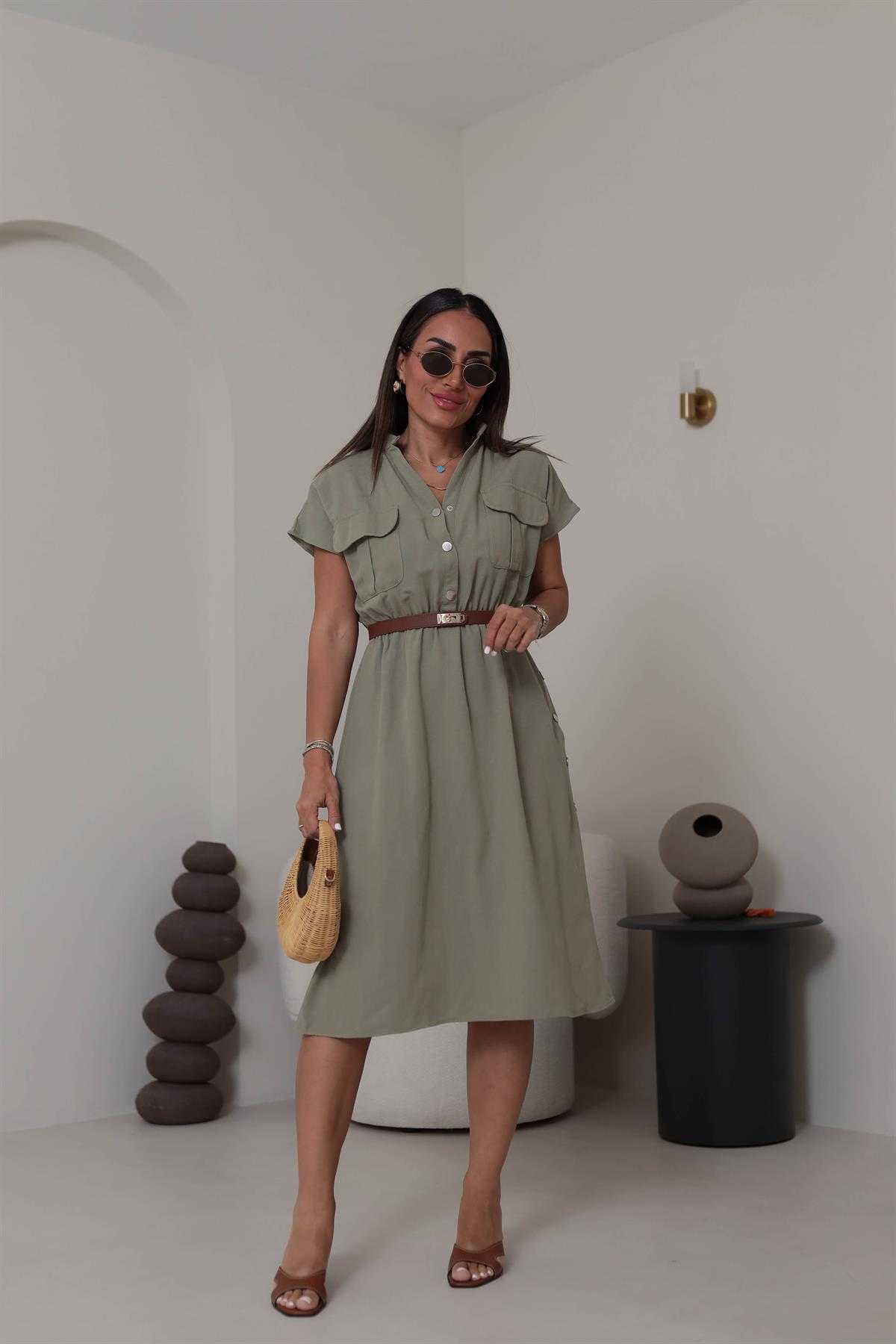 5921 Yan Çıtçıt Detay Elbise HAKİ YEŞİL