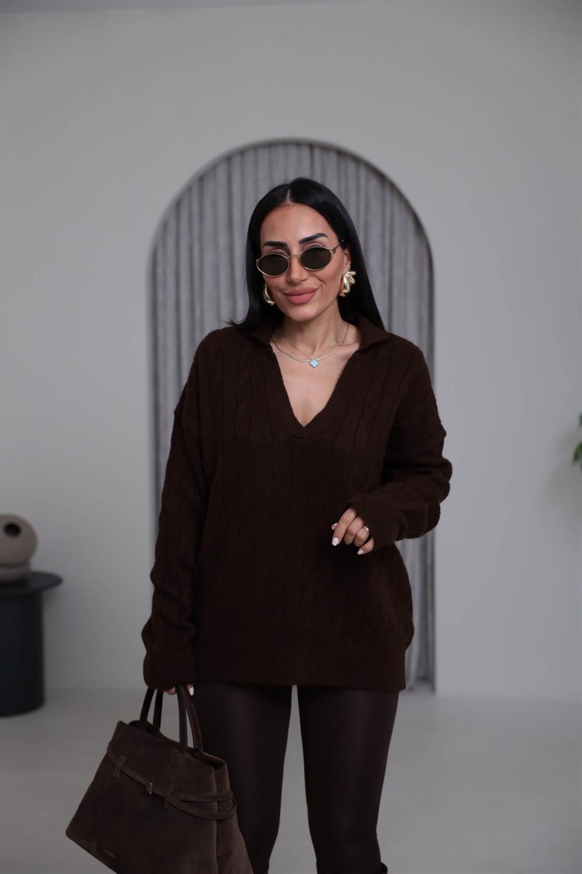 0736 V Yaka Saç Örgü Uzun Kazak KAHVE