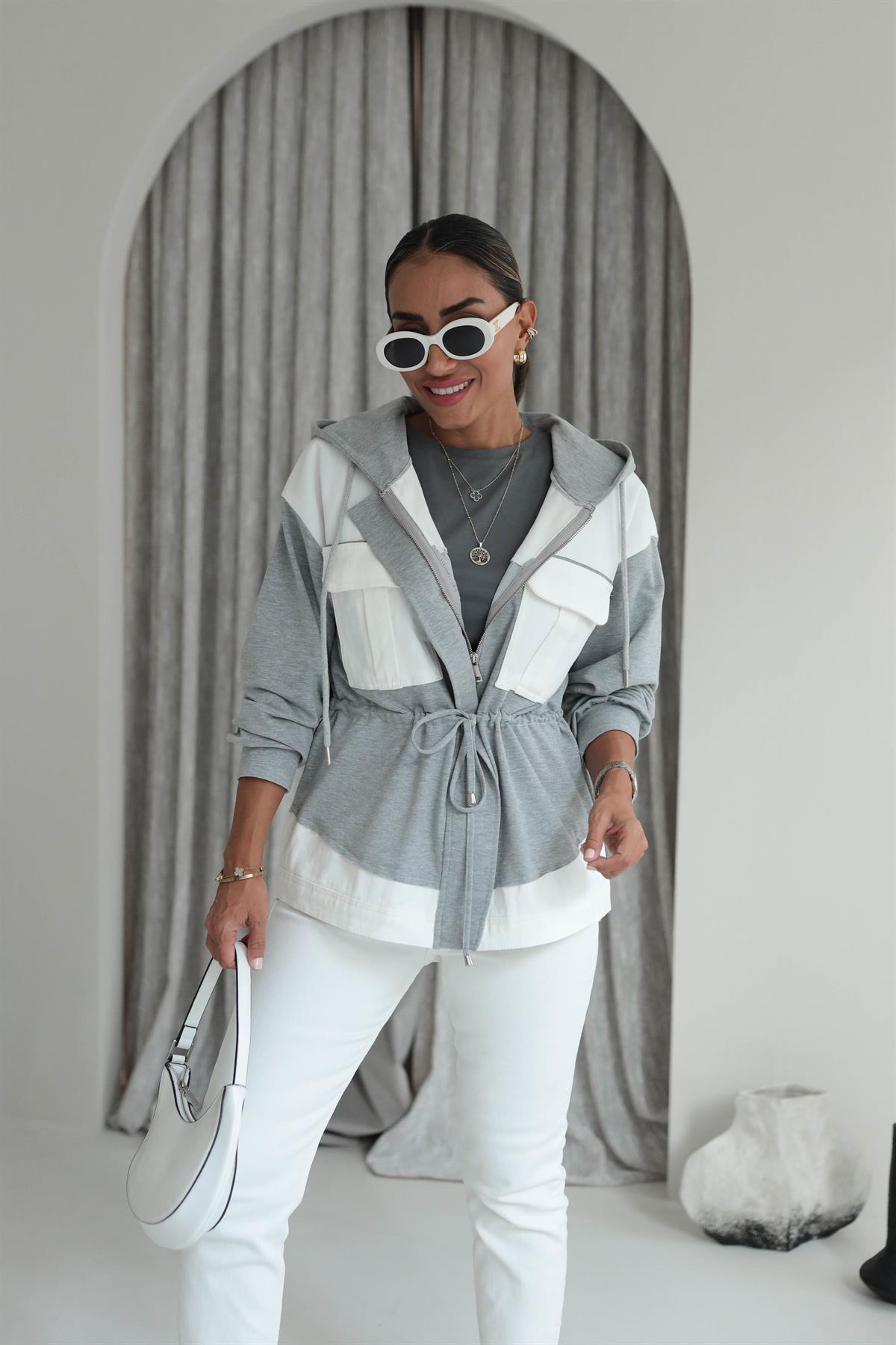 5207 Kumaş Garnili Kapşonlu Fermuarlı Ceket