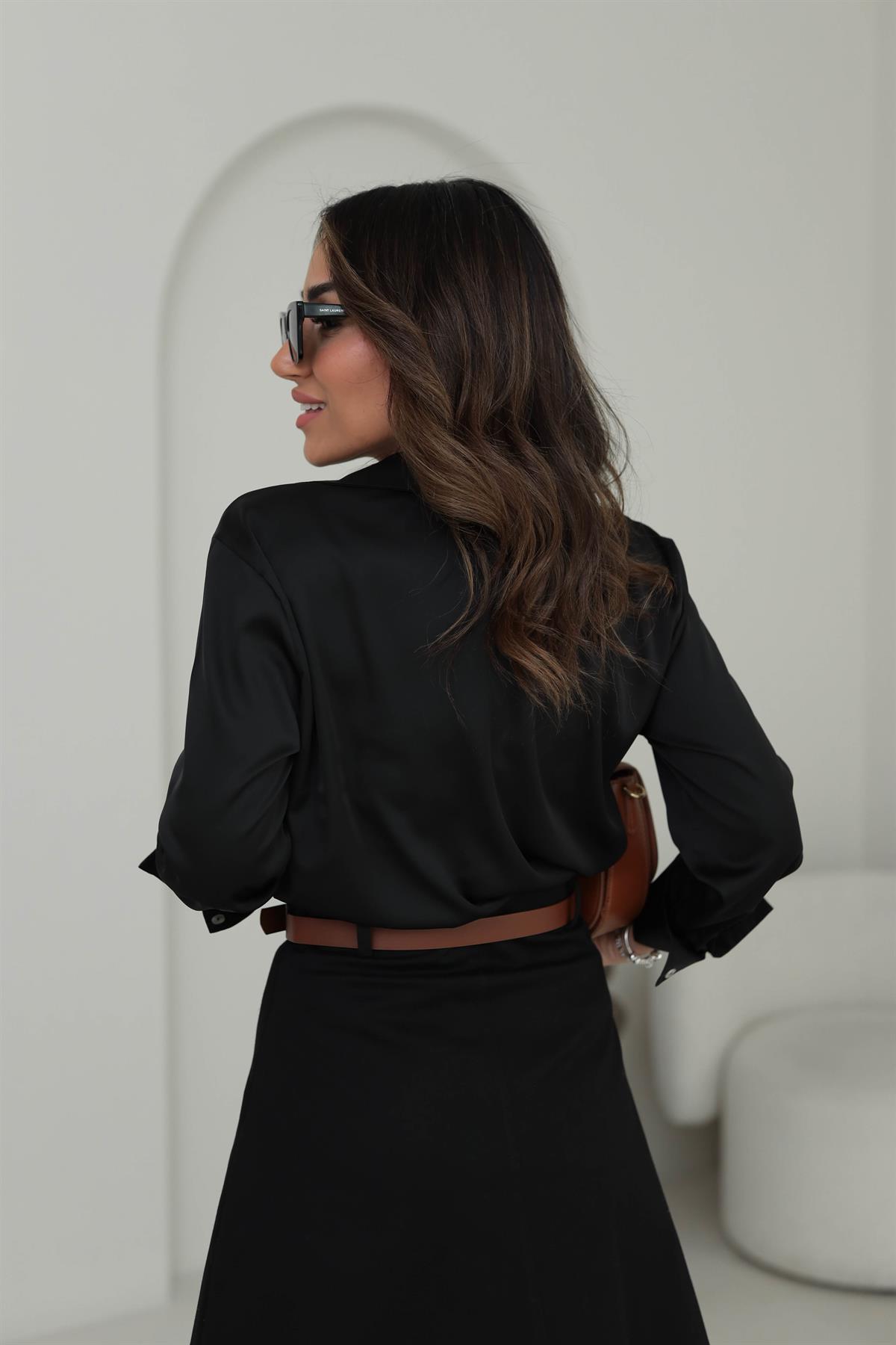 7917 Kolları Manşetli Saten Gömlek SİYAH