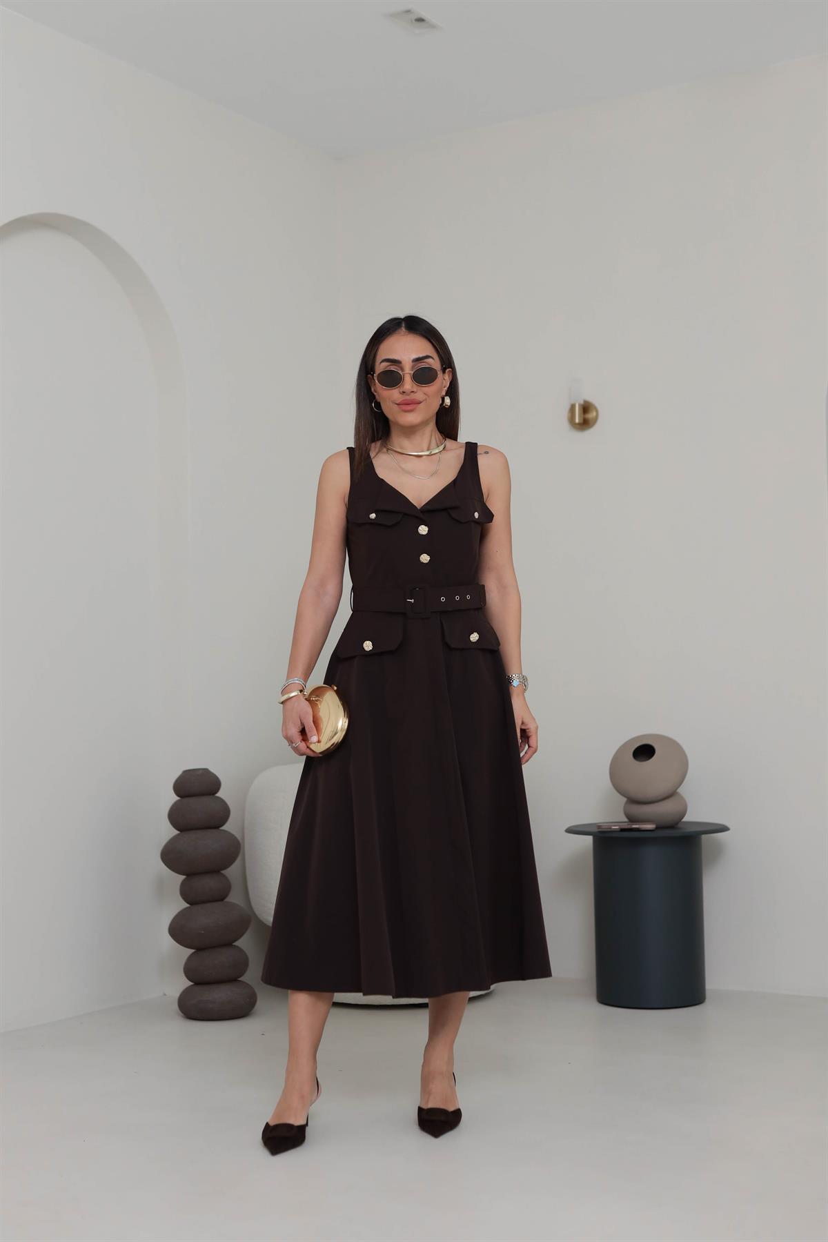 Kare Yaka Gold Düğmeli Cep Kapaklı Elbise ACI KAHVE