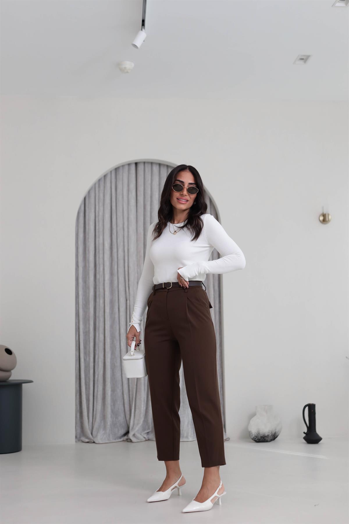 2166 Kemerli Havuç Fit Pantolon KAHVE