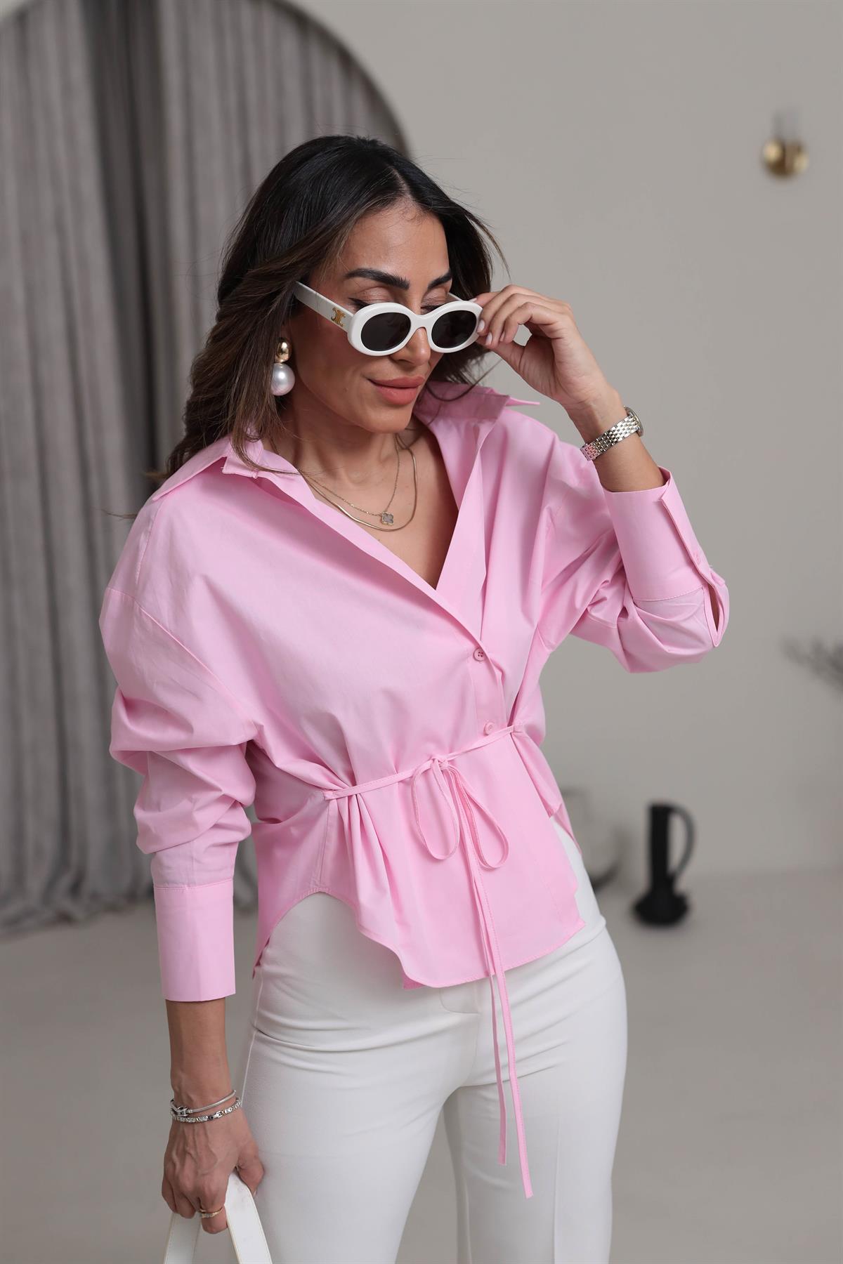 Bel Bağlama Detaylı Oversize Poplin Gömlek PEMBE