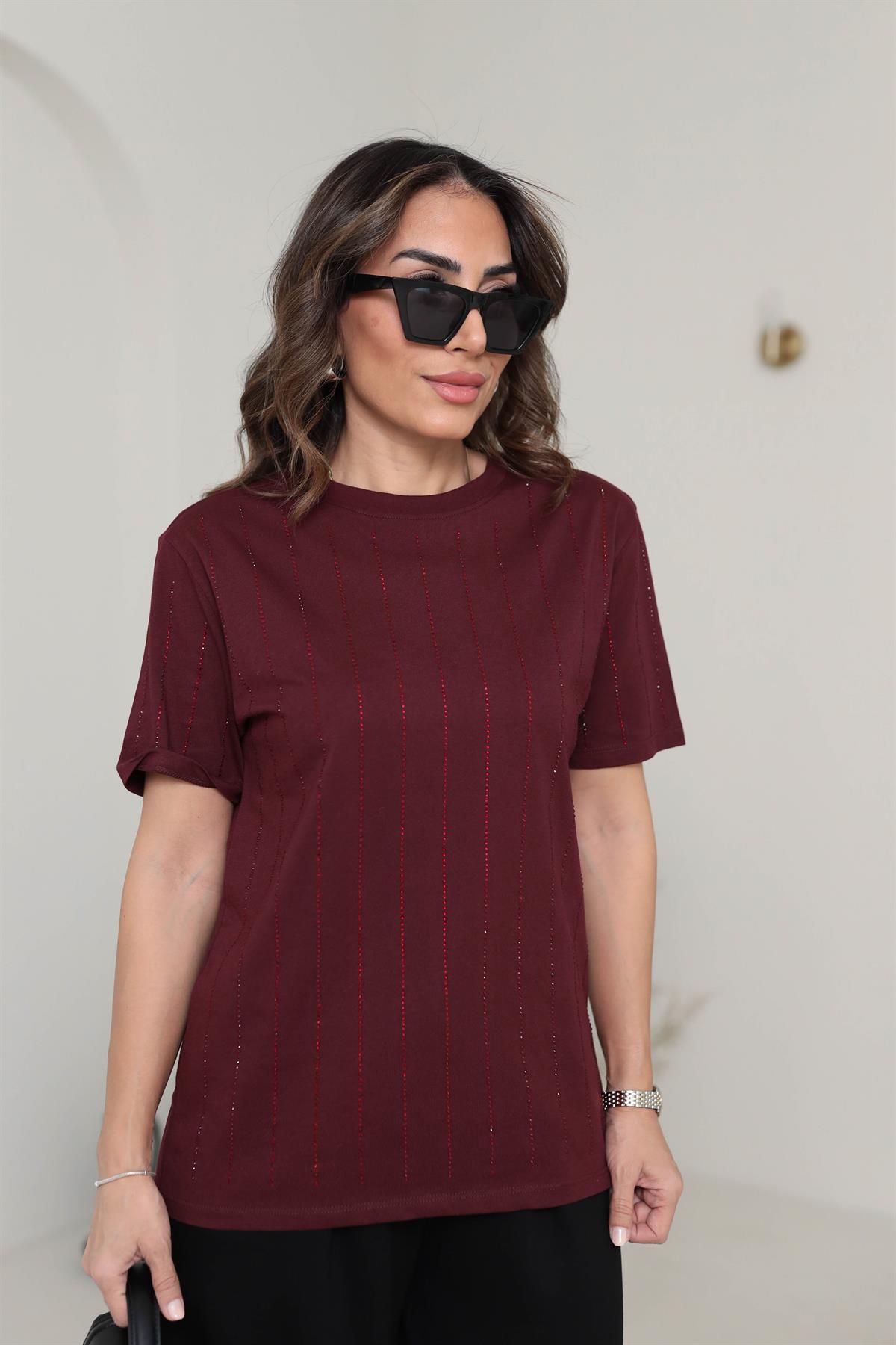 7103 Şerit Taşlı Pamuklu Tshirt BORDO