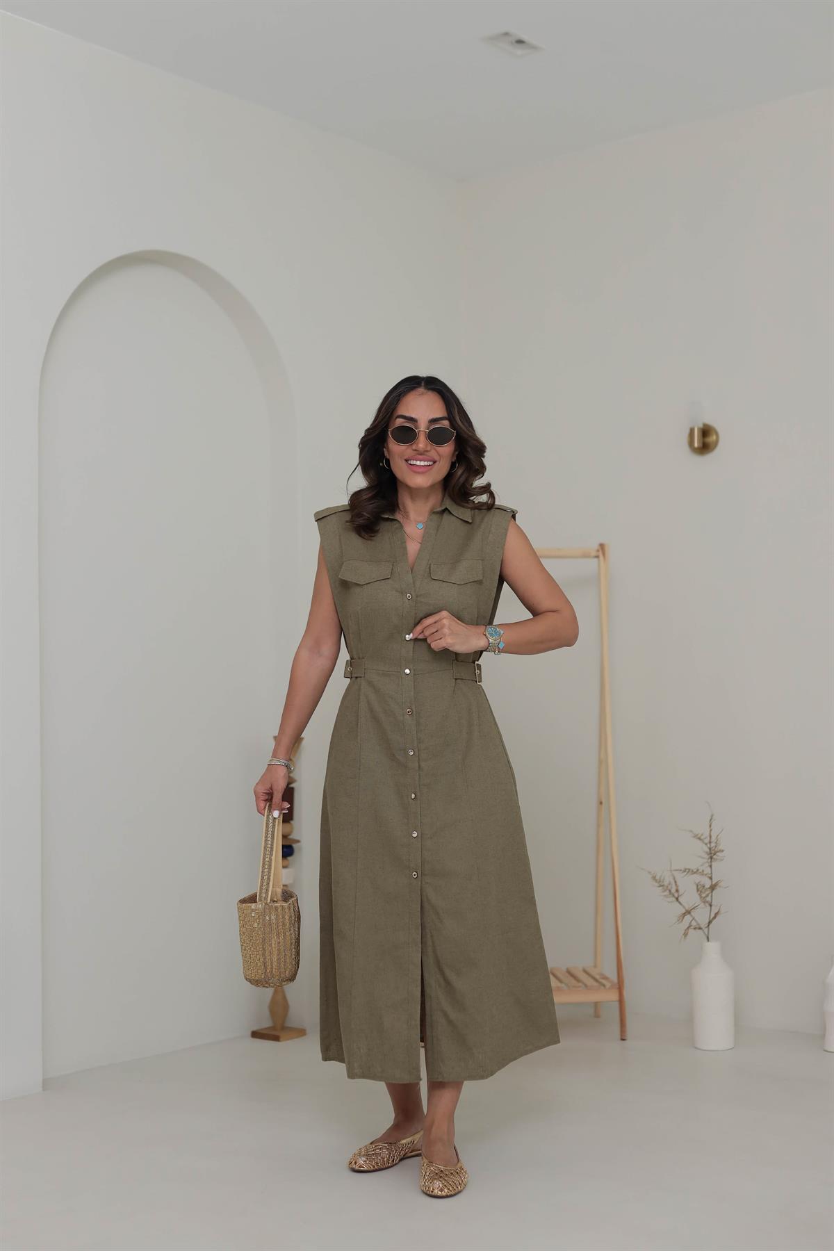 0473 Yanı Tokalı Keten Elbise HAKİ YEŞİL