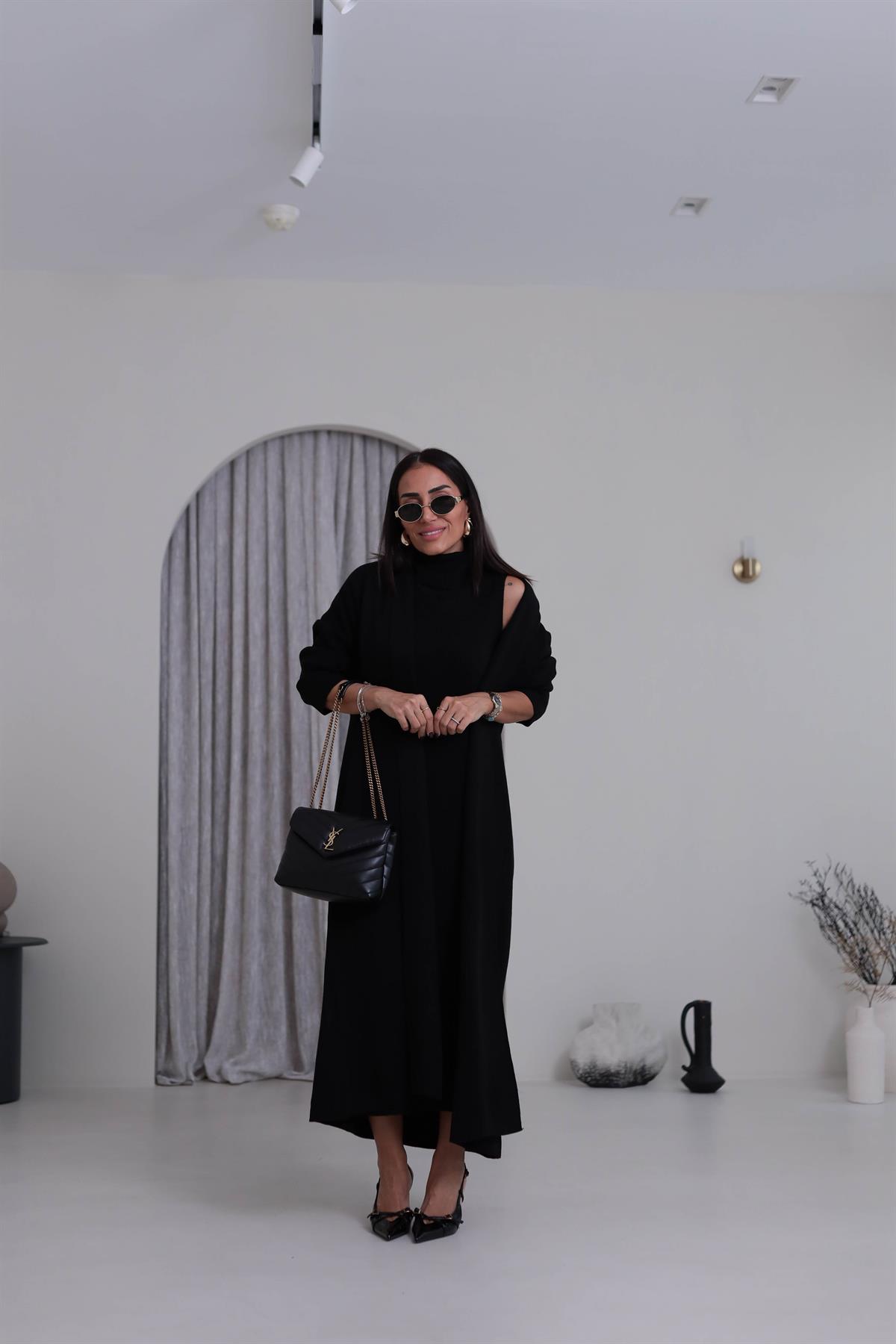 0117 Balıkçı Yaka Sıfır Kol Elbiseli Hırkalı Takım SİYAH