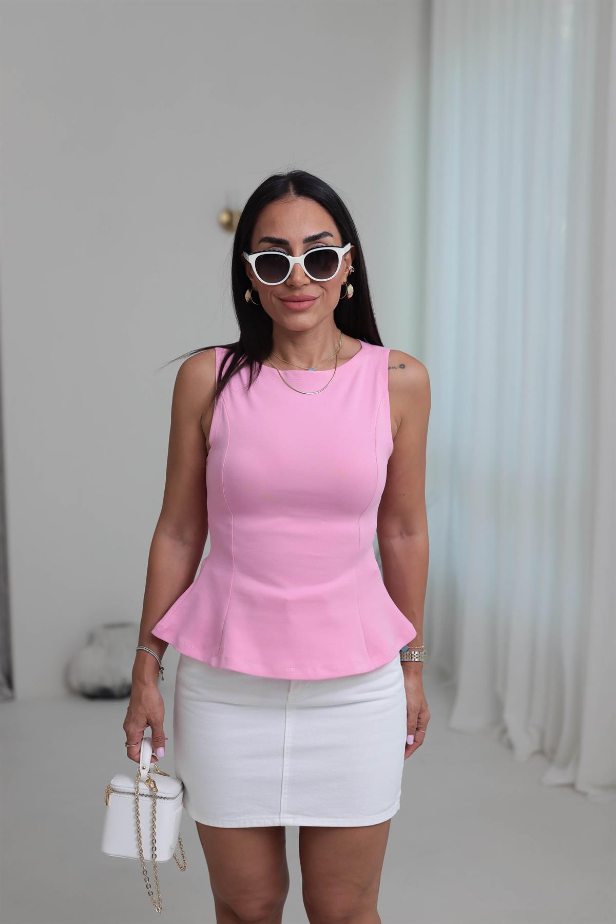 1001 Kayık Yaka Pamuklu Peplum Bluz PEMBE