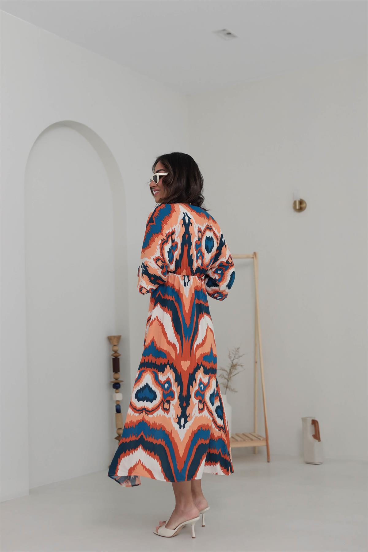 3154Y Kruvaze Yaka Beli Lastikli Desenli Midi Elbise LACİ-ORANJ