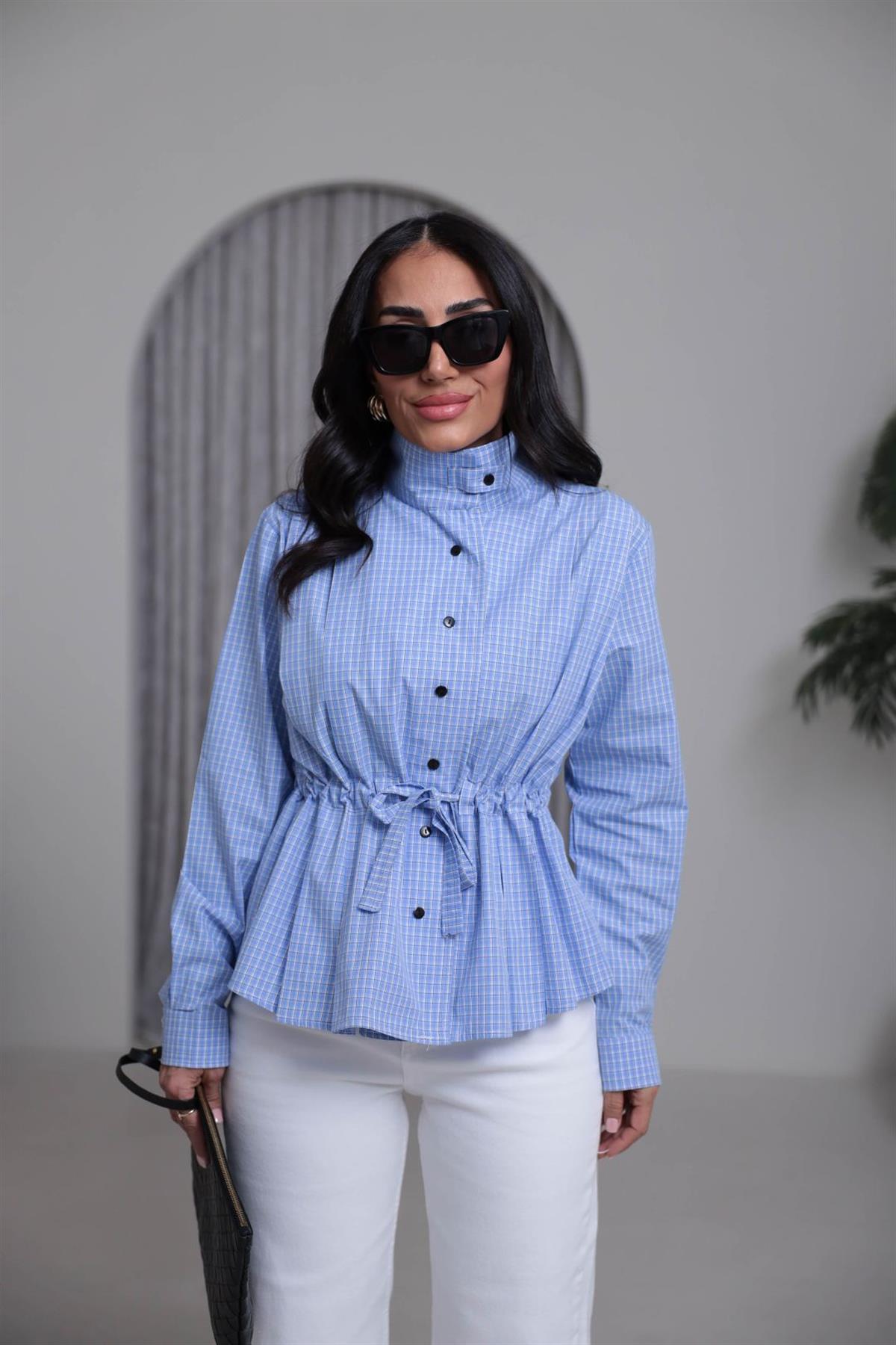 4099 Dik Yaka Belden Bağlamalı Ekose Gömlek MAVİ