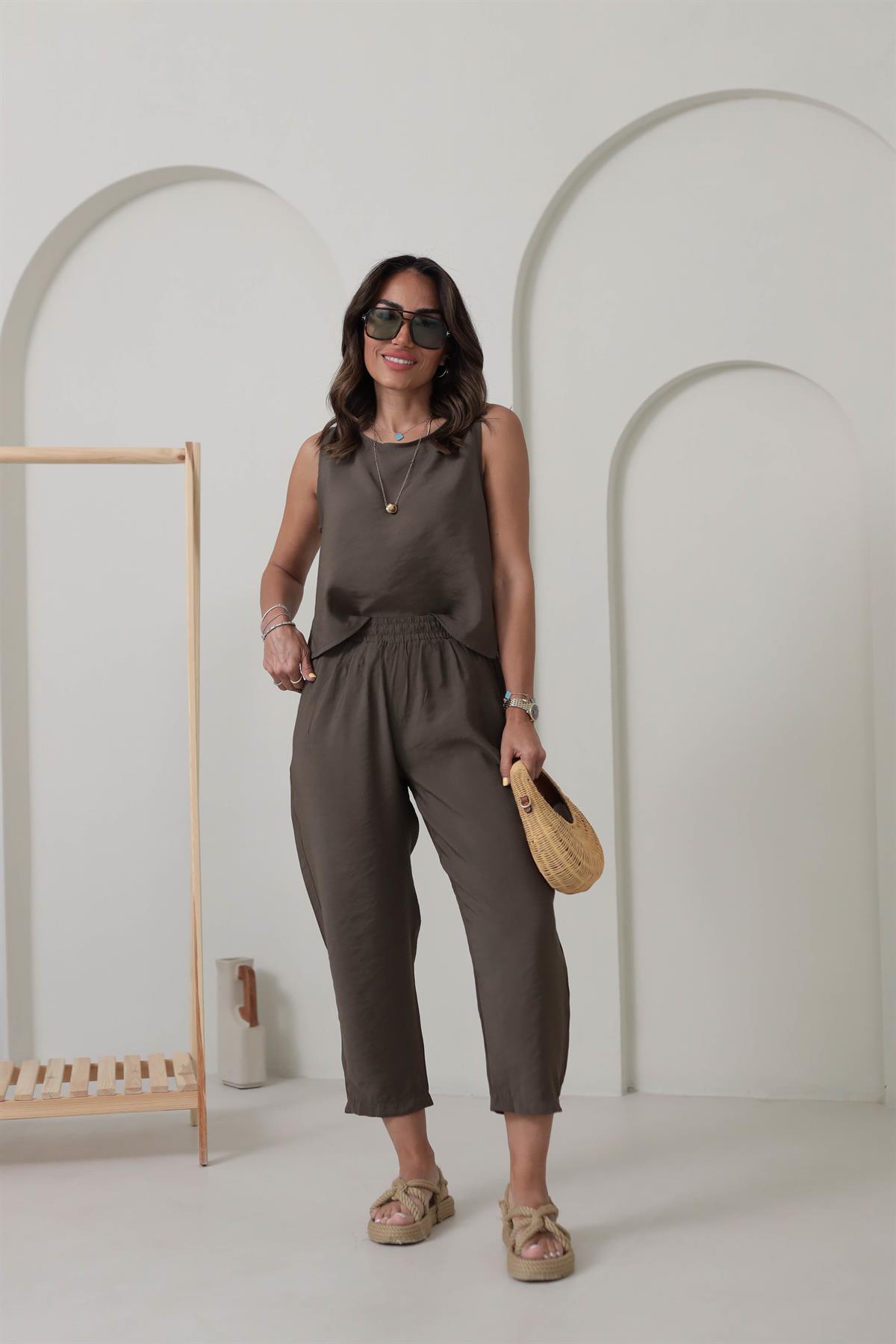 3089 Tencel Kumaş Kolsuz Takım HAKİ YEŞİL