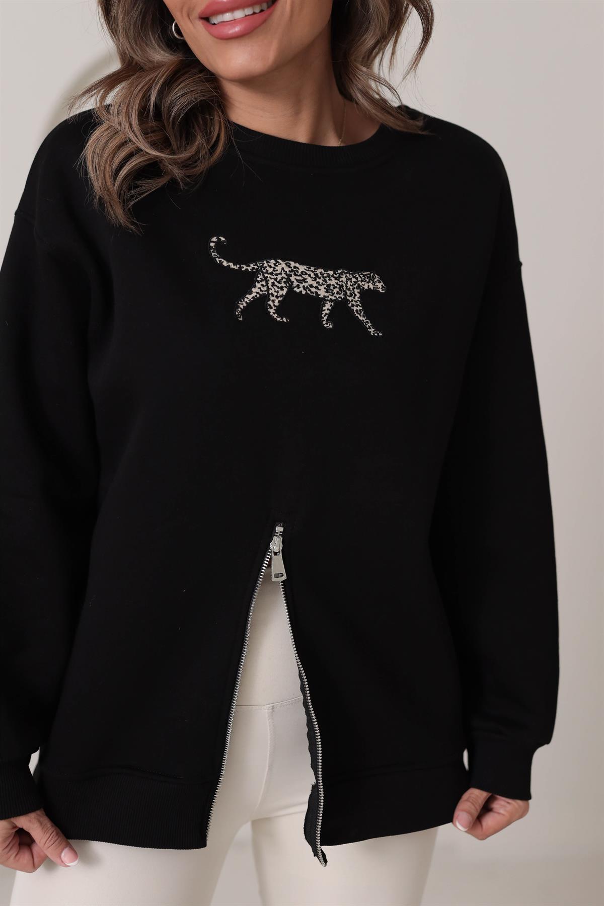 5617 Leopar Nakış Yarım Fermuarlı Şardonlu Sweatshirt SİYAH