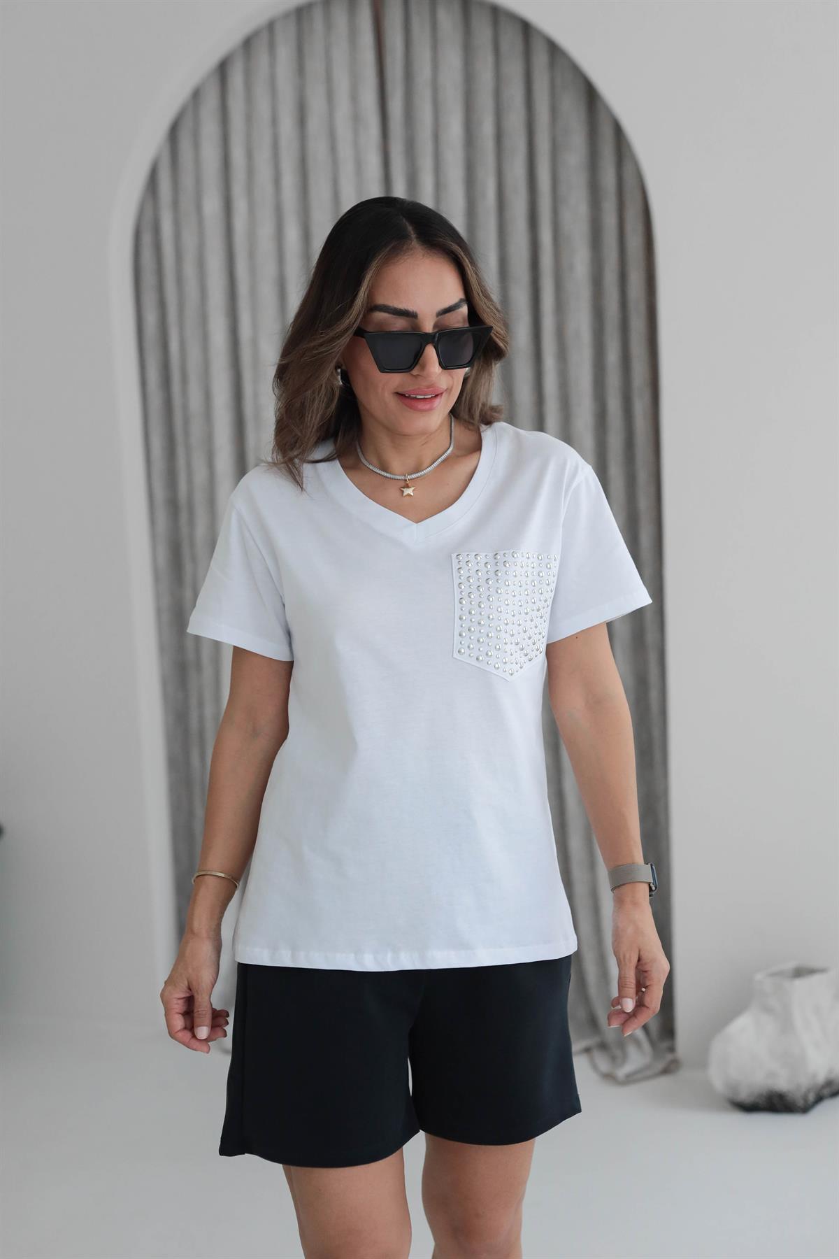 5341 Cep Drop Detaylı V Yaka Tshirt