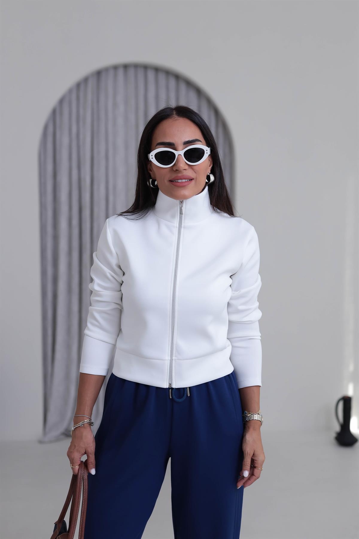 7013K Fermuarlı Scuba Kısa Ceket BEYAZ