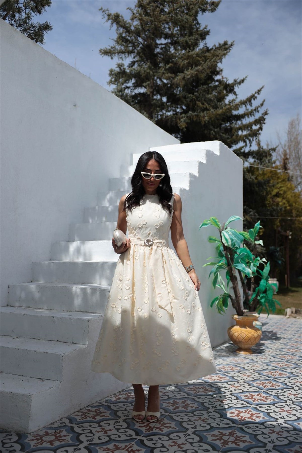 9596 İşleme Detaylı Kemerli Elbise AÇIK SARI