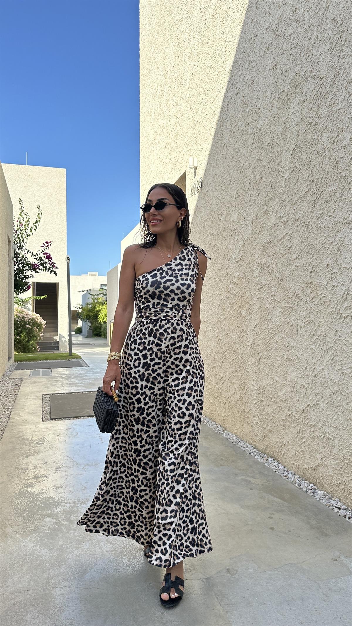 6434 Leopar Desen Tek Omuz Tulum