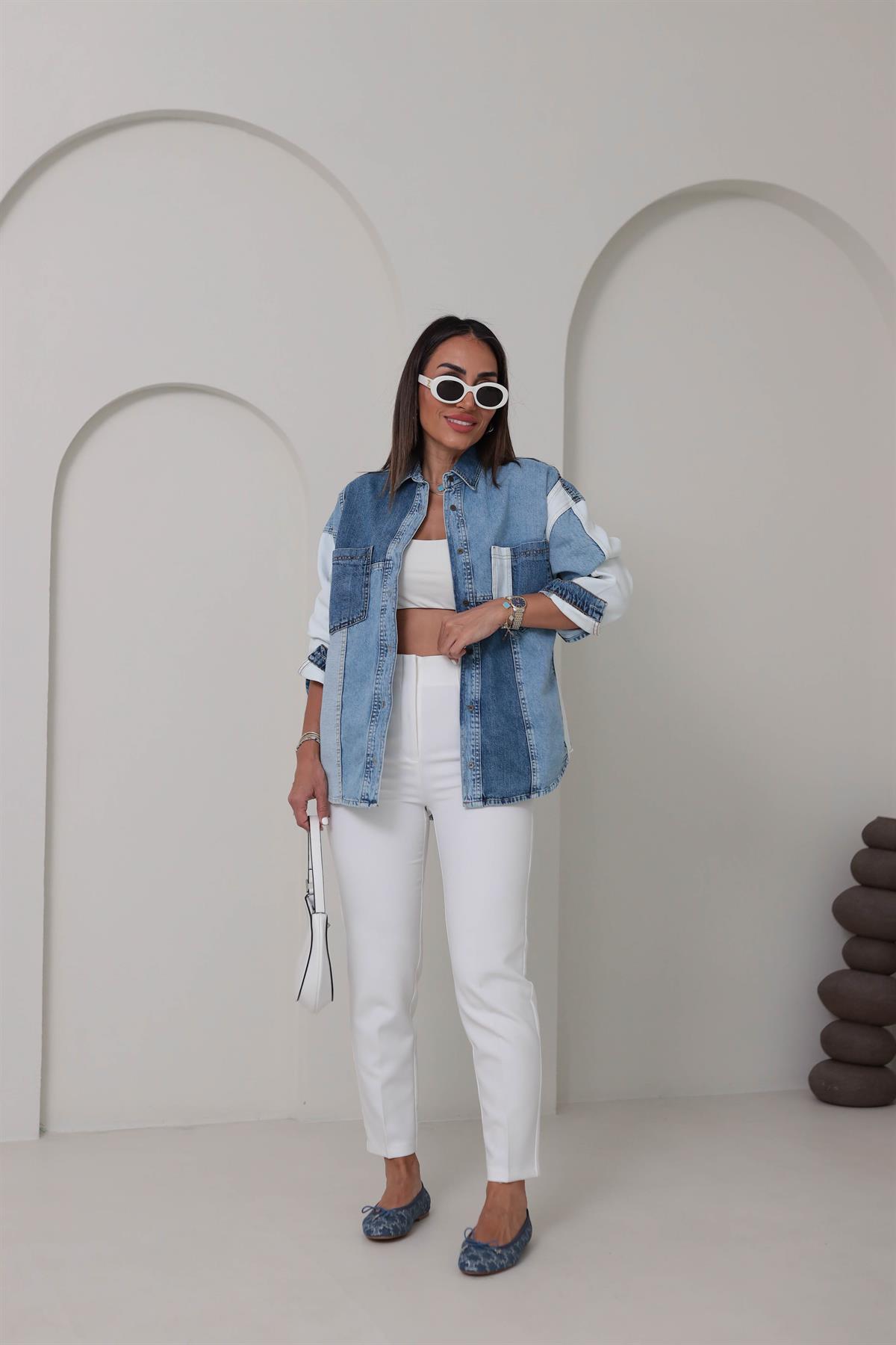 2162 Parçalı Denim Gömlek MAVİ